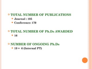  TOTAL NUMBER OF PUBLICATIONS
 Journal : 105
 Conference: 170
 TOTAL NUMBER OF Ph.Ds AWARDED
 16
 NUMBER OF ONGOING Ph.Ds
 19 + 6 (Internal PT)
 
