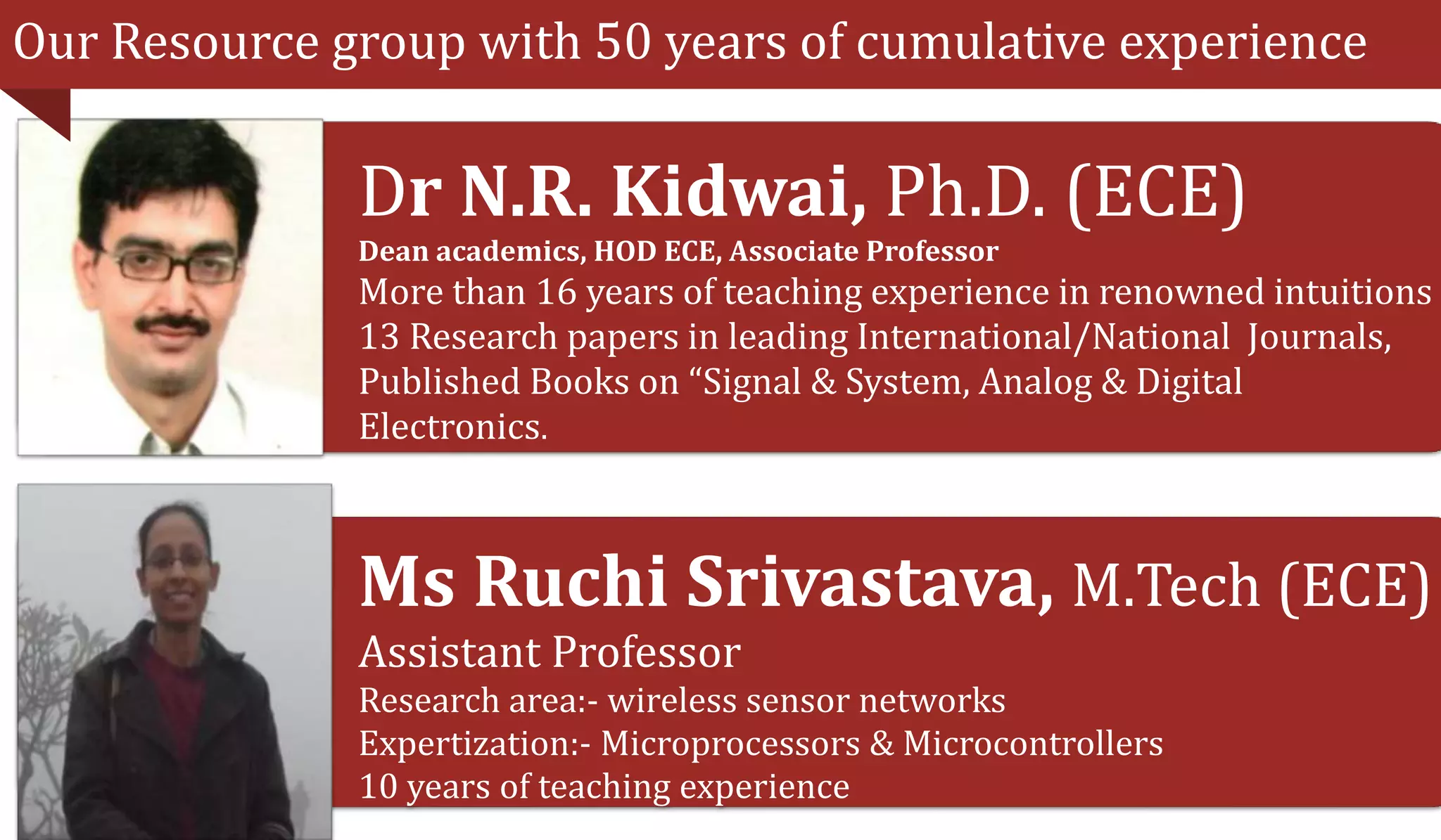Our Resource group with 50 years of cumulative experience
Dr N.R. Kidwai, Ph.D. (ECE)
Dean academics, HOD ECE, Associate Professor
More than 16 years of teaching experience in renowned intuitions
13 Research papers in leading International/National Journals,
Published Books on “Signal & System, Analog & Digital
Electronics.
Ms Ruchi Srivastava, M.Tech (ECE)
Assistant Professor
Research area:- wireless sensor networks
Expertization:- Microprocessors & Microcontrollers
10 years of teaching experience
 