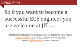 CONCLUSION
So if you want to become a
successful ECE engineer you
are welcome at JIT…..
JAHANGIRABAD FORT: JAHANGIRABAD, BARABANKI, U.P. 225203
TEL:05248-243352, 243373, 320800, +91-969539684
EMAIL: Info@jit.edu.in – www.jit.edu.in
 