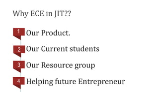Why ECE in JIT??
1
2
Our Product.
Our Current students
Our Resource group
Helping future Entrepreneur
3
4
 
