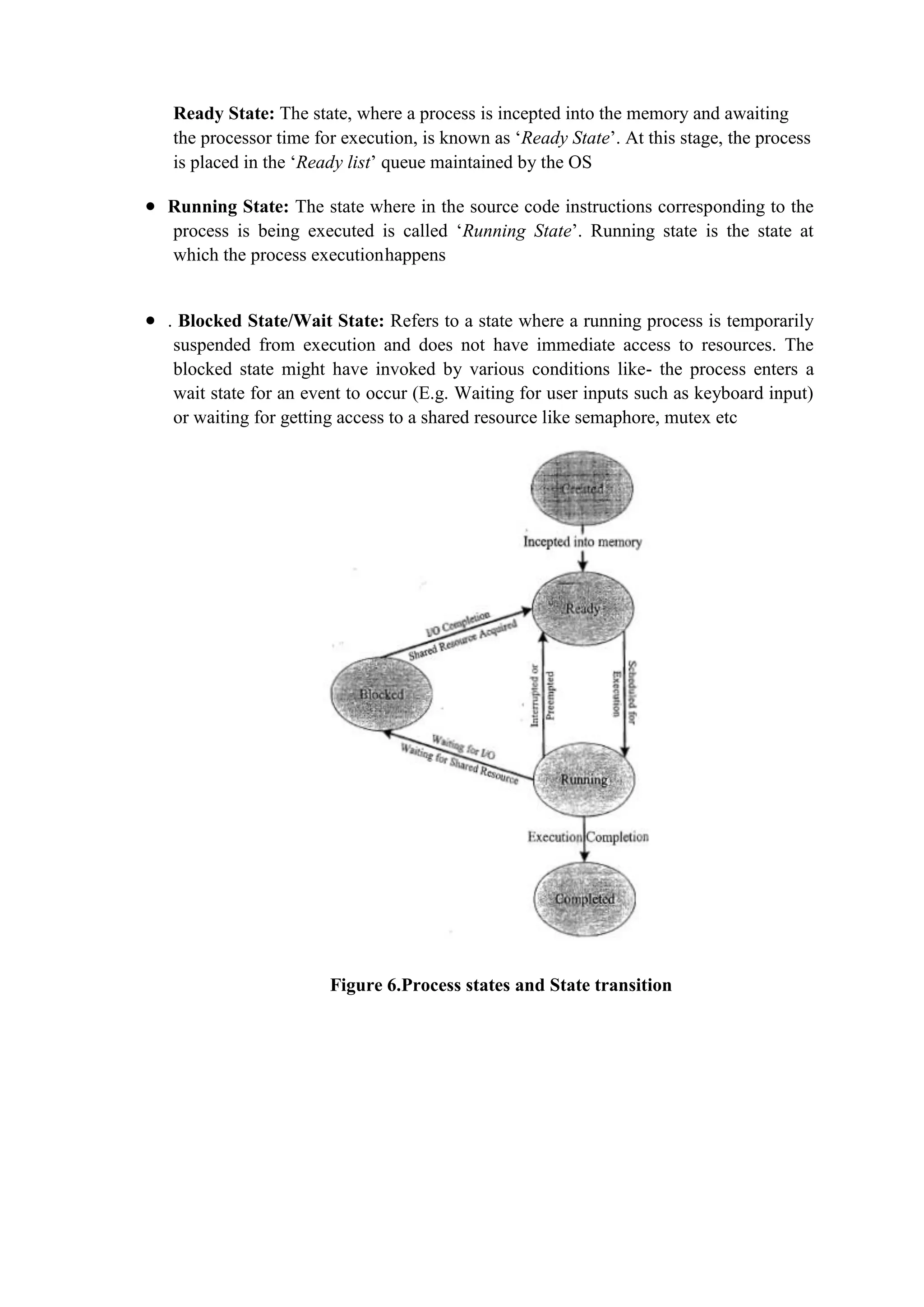 Ready State: The state, where a process is incepted into the memory and awaiting
the processor time for execution, is known as ‘Ready State’. At this stage, the process
is placed in the ‘Ready list’ queue maintained by the OS
 Running State: The state where in the source code instructions corresponding to the
process is being executed is called ‘Running State’. Running state is the state at
which the process executionhappens
 . Blocked State/Wait State: Refers to a state where a running process is temporarily
suspended from execution and does not have immediate access to resources. The
blocked state might have invoked by various conditions like- the process enters a
wait state for an event to occur (E.g. Waiting for user inputs such as keyboard input)
or waiting for getting access to a shared resource like semaphore, mutex etc
Figure 6.Process states and State transition
 