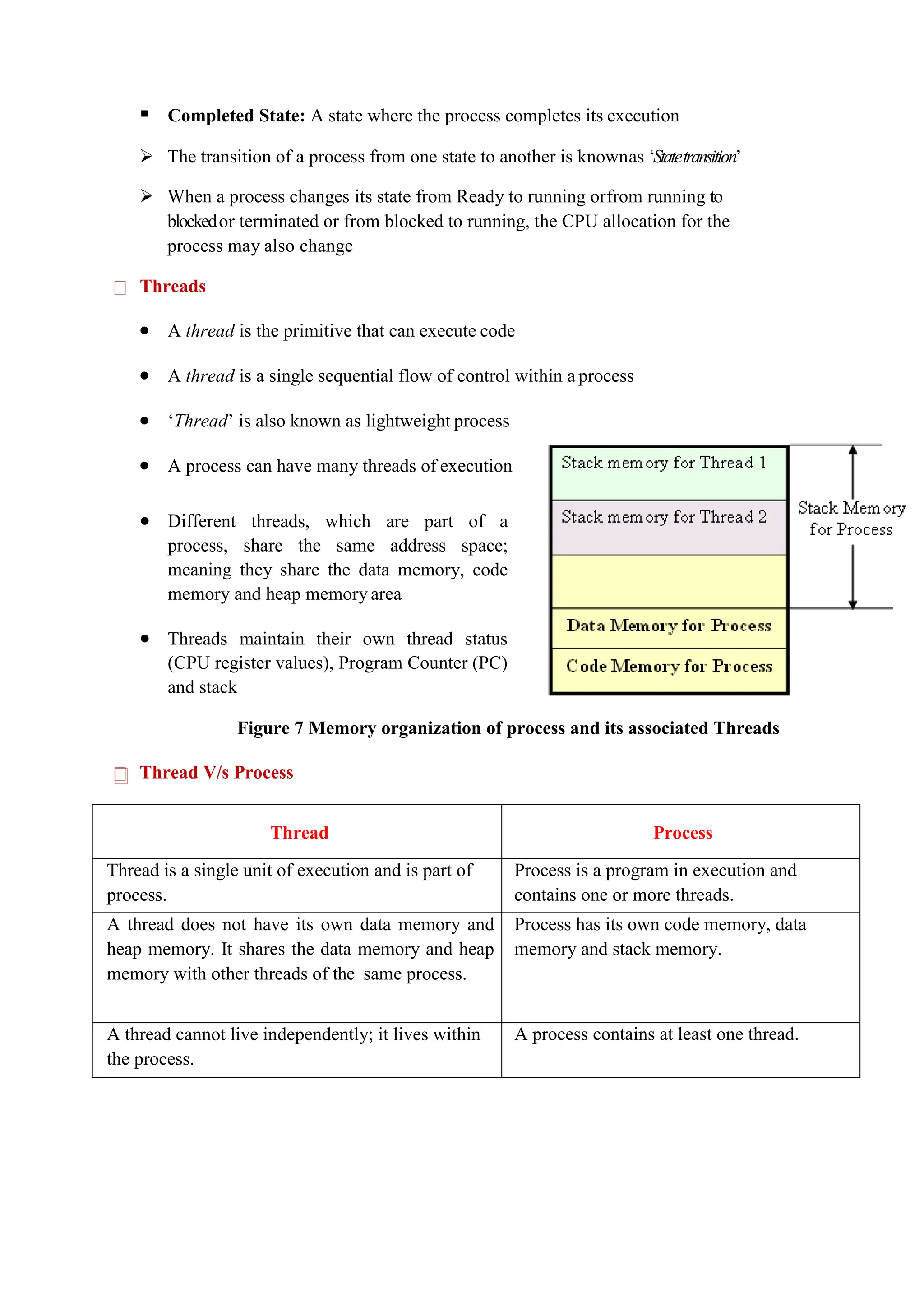  Completed State: A state where the process completes its execution
 The transition of a process from one state to another is knownas ‘Statetransition’
 When a process changes its state from Ready to running orfrom running to
blockedor terminated or from blocked to running, the CPU allocation for the
process may also change
Threads
 A thread is the primitive that can execute code
 A thread is a single sequential flow of control within a process
 ‘Thread’ is also known as lightweight process
 A process can have many threads of execution
 Different threads, which are part of a
process, share the same address space;
meaning they share the data memory, code
memory and heap memory area
 Threads maintain their own thread status
(CPU register values), Program Counter (PC)
and stack
Figure 7 Memory organization of process and its associated Threads
Thread V/s Process
Thread Process
Thread is a single unit of execution and is part of
process.
Process is a program in execution and
contains one or more threads.
A thread does not have its own data memory and
heap memory. It shares the data memory and heap
memory with other threads of the same process.
Process has its own code memory, data
memory and stack memory.
A thread cannot live independently; it lives within
the process.
A process contains at least one thread.
 
