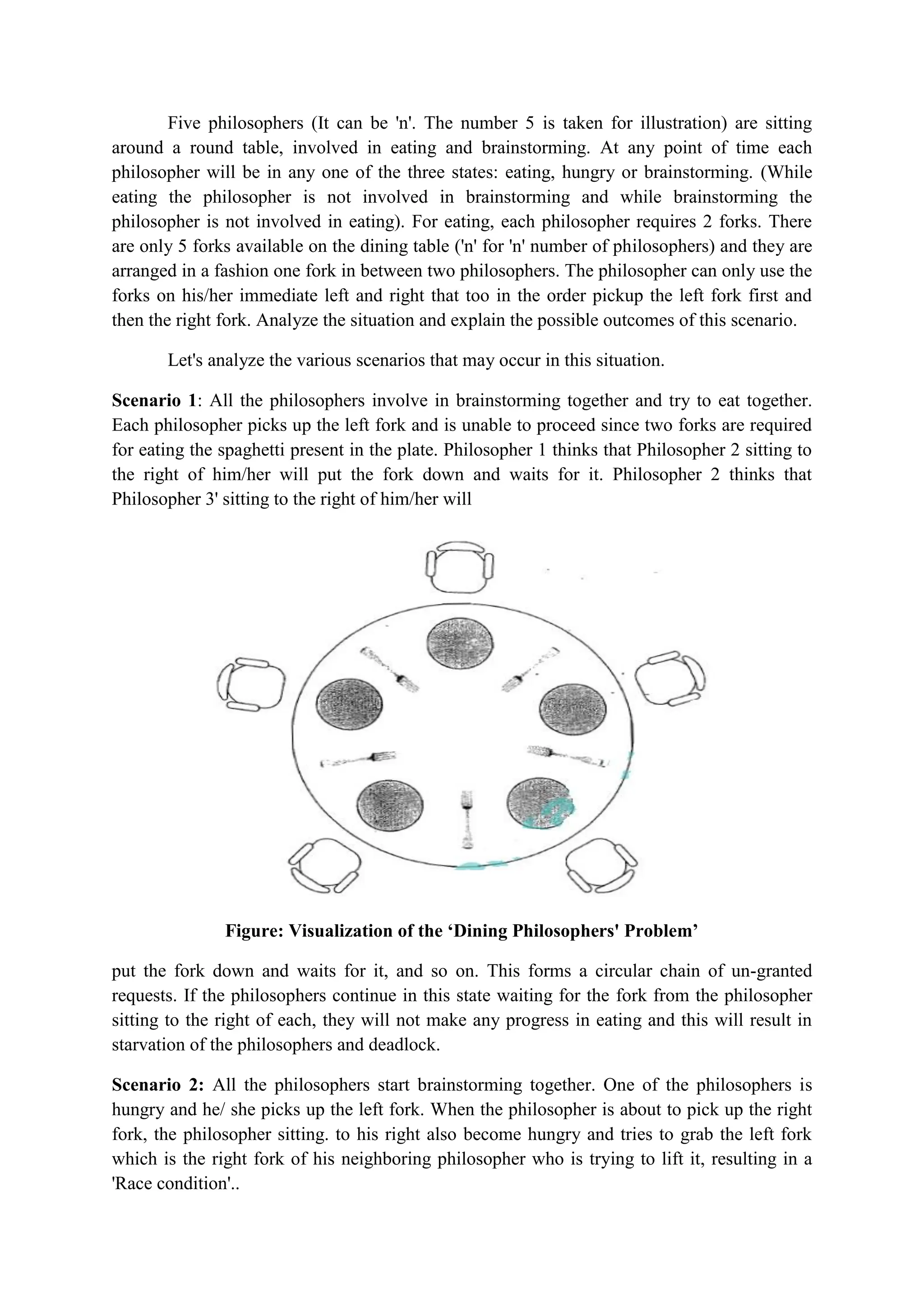 Five philosophers (It can be 'n'. The number 5 is taken for illustration) are sitting
around a round table, involved in eating and brainstorming. At any point of time each
philosopher will be in any one of the three states: eating, hungry or brainstorming. (While
eating the philosopher is not involved in brainstorming and while brainstorming the
philosopher is not involved in eating). For eating, each philosopher requires 2 forks. There
are only 5 forks available on the dining table ('n' for 'n' number of philosophers) and they are
arranged in a fashion one fork in between two philosophers. The philosopher can only use the
forks on his/her immediate left and right that too in the order pickup the left fork first and
then the right fork. Analyze the situation and explain the possible outcomes of this scenario.
Let's analyze the various scenarios that may occur in this situation.
Scenario 1: All the philosophers involve in brainstorming together and try to eat together.
Each philosopher picks up the left fork and is unable to proceed since two forks are required
for eating the spaghetti present in the plate. Philosopher 1 thinks that Philosopher 2 sitting to
the right of him/her will put the fork down and waits for it. Philosopher 2 thinks that
Philosopher 3' sitting to the right of him/her will
Figure: Visualization of the ‘Dining Philosophers' Problem’
put the fork down and waits for it, and so on. This forms a circular chain of un-granted
requests. If the philosophers continue in this state waiting for the fork from the philosopher
sitting to the right of each, they will not make any progress in eating and this will result in
starvation of the philosophers and deadlock.
Scenario 2: All the philosophers start brainstorming together. One of the philosophers is
hungry and he/ she picks up the left fork. When the philosopher is about to pick up the right
fork, the philosopher sitting. to his right also become hungry and tries to grab the left fork
which is the right fork of his neighboring philosopher who is trying to lift it, resulting in a
'Race condition'..
 