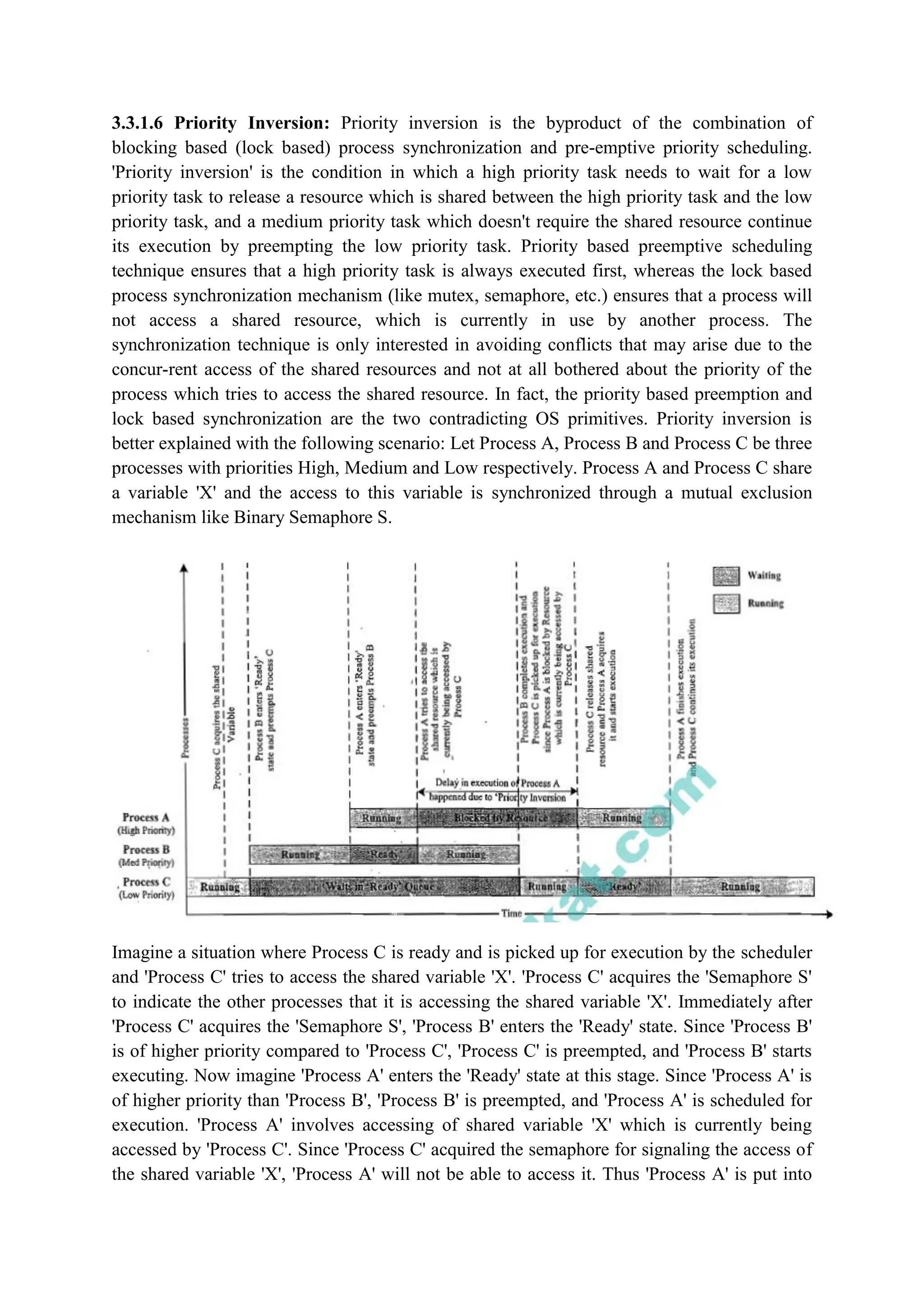 3.3.1.6 Priority Inversion: Priority inversion is the byproduct of the combination of
blocking based (lock based) process synchronization and pre-emptive priority scheduling.
'Priority inversion' is the condition in which a high priority task needs to wait for a low
priority task to release a resource which is shared between the high priority task and the low
priority task, and a medium priority task which doesn't require the shared resource continue
its execution by preempting the low priority task. Priority based preemptive scheduling
technique ensures that a high priority task is always executed first, whereas the lock based
process synchronization mechanism (like mutex, semaphore, etc.) ensures that a process will
not access a shared resource, which is currently in use by another process. The
synchronization technique is only interested in avoiding conflicts that may arise due to the
concur-rent access of the shared resources and not at all bothered about the priority of the
process which tries to access the shared resource. In fact, the priority based preemption and
lock based synchronization are the two contradicting OS primitives. Priority inversion is
better explained with the following scenario: Let Process A, Process B and Process C be three
processes with priorities High, Medium and Low respectively. Process A and Process C share
a variable 'X' and the access to this variable is synchronized through a mutual exclusion
mechanism like Binary Semaphore S.
Imagine a situation where Process C is ready and is picked up for execution by the scheduler
and 'Process C' tries to access the shared variable 'X'. 'Process C' acquires the 'Semaphore S'
to indicate the other processes that it is accessing the shared variable 'X'. Immediately after
'Process C' acquires the 'Semaphore S', 'Process B' enters the 'Ready' state. Since 'Process B'
is of higher priority compared to 'Process C', 'Process C' is preempted, and 'Process B' starts
executing. Now imagine 'Process A' enters the 'Ready' state at this stage. Since 'Process A' is
of higher priority than 'Process B', 'Process B' is preempted, and 'Process A' is scheduled for
execution. 'Process A' involves accessing of shared variable 'X' which is currently being
accessed by 'Process C'. Since 'Process C' acquired the semaphore for signaling the access of
the shared variable 'X', 'Process A' will not be able to access it. Thus 'Process A' is put into
 