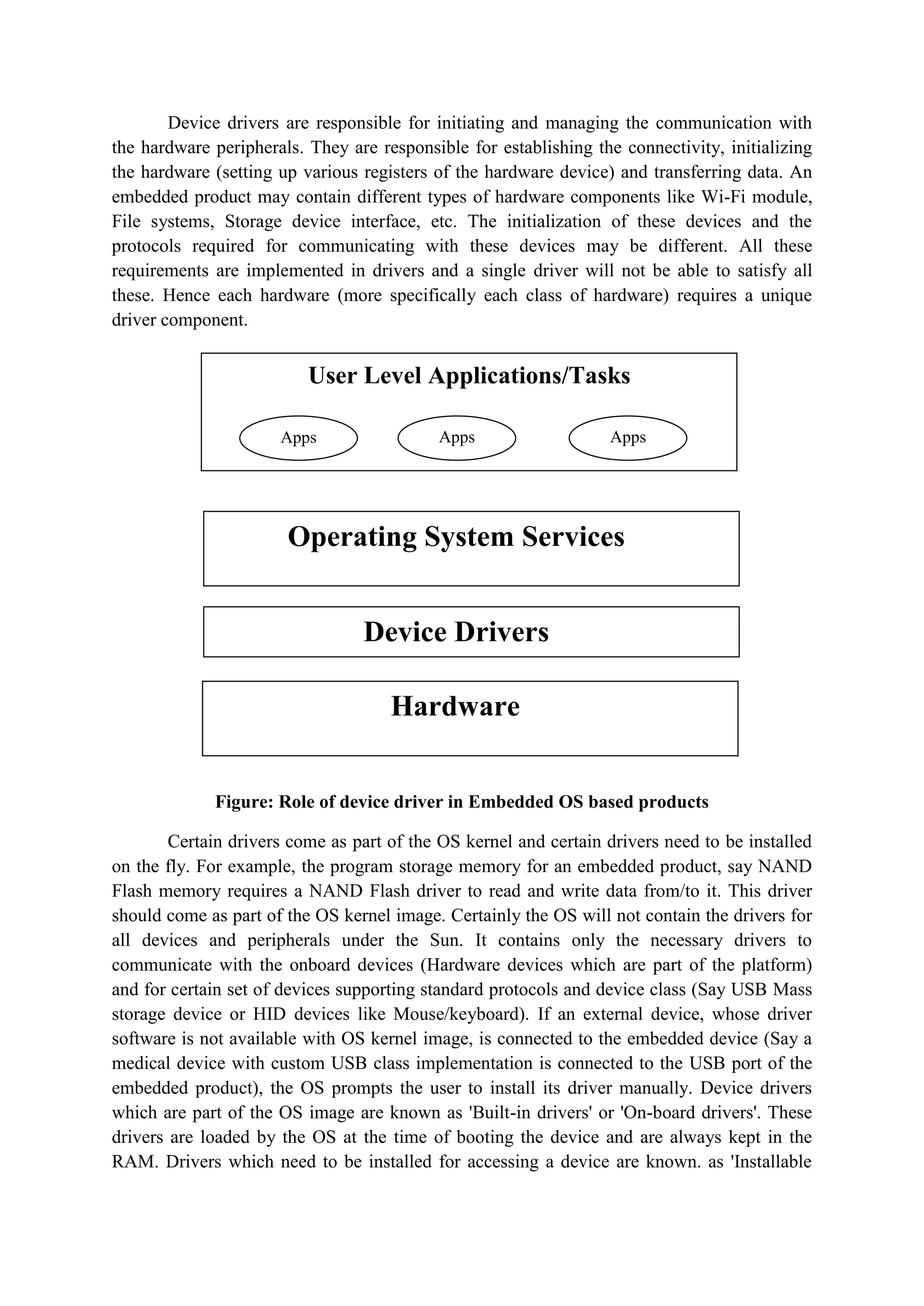 Device drivers are responsible for initiating and managing the communication with
the hardware peripherals. They are responsible for establishing the connectivity, initializing
the hardware (setting up various registers of the hardware device) and transferring data. An
embedded product may contain different types of hardware components like Wi-Fi module,
File systems, Storage device interface, etc. The initialization of these devices and the
protocols required for communicating with these devices may be different. All these
requirements are implemented in drivers and a single driver will not be able to satisfy all
these. Hence each hardware (more specifically each class of hardware) requires a unique
driver component.
Figure: Role of device driver in Embedded OS based products
Certain drivers come as part of the OS kernel and certain drivers need to be installed
on the fly. For example, the program storage memory for an embedded product, say NAND
Flash memory requires a NAND Flash driver to read and write data from/to it. This driver
should come as part of the OS kernel image. Certainly the OS will not contain the drivers for
all devices and peripherals under the Sun. It contains only the necessary drivers to
communicate with the onboard devices (Hardware devices which are part of the platform)
and for certain set of devices supporting standard protocols and device class (Say USB Mass
storage device or HID devices like Mouse/keyboard). If an external device, whose driver
software is not available with OS kernel image, is connected to the embedded device (Say a
medical device with custom USB class implementation is connected to the USB port of the
embedded product), the OS prompts the user to install its driver manually. Device drivers
which are part of the OS image are known as 'Built-in drivers' or 'On-board drivers'. These
drivers are loaded by the OS at the time of booting the device and are always kept in the
RAM. Drivers which need to be installed for accessing a device are known. as 'Installable
User Level Applications/Tasks
Operating System Services
Device Drivers
Hardware
Apps Apps Apps
 