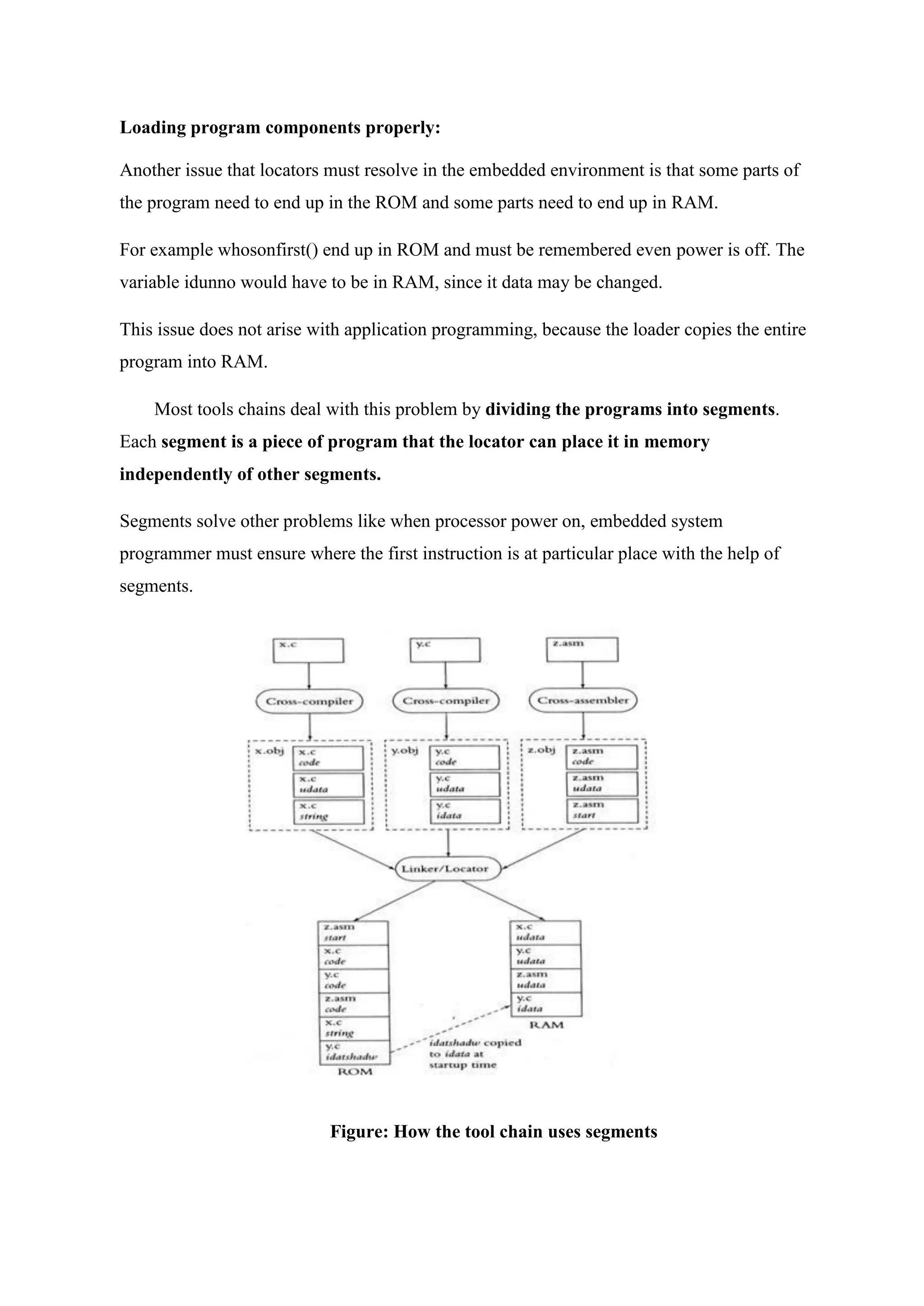 Loading program components properly:
Another issue that locators must resolve in the embedded environment is that some parts of
the program need to end up in the ROM and some parts need to end up in RAM.
For example whosonfirst() end up in ROM and must be remembered even power is off. The
variable idunno would have to be in RAM, since it data may be changed.
This issue does not arise with application programming, because the loader copies the entire
program into RAM.
Most tools chains deal with this problem by dividing the programs into segments.
Each segment is a piece of program that the locator can place it in memory
independently of other segments.
Segments solve other problems like when processor power on, embedded system
programmer must ensure where the first instruction is at particular place with the help of
segments.
Figure: How the tool chain uses segments
 