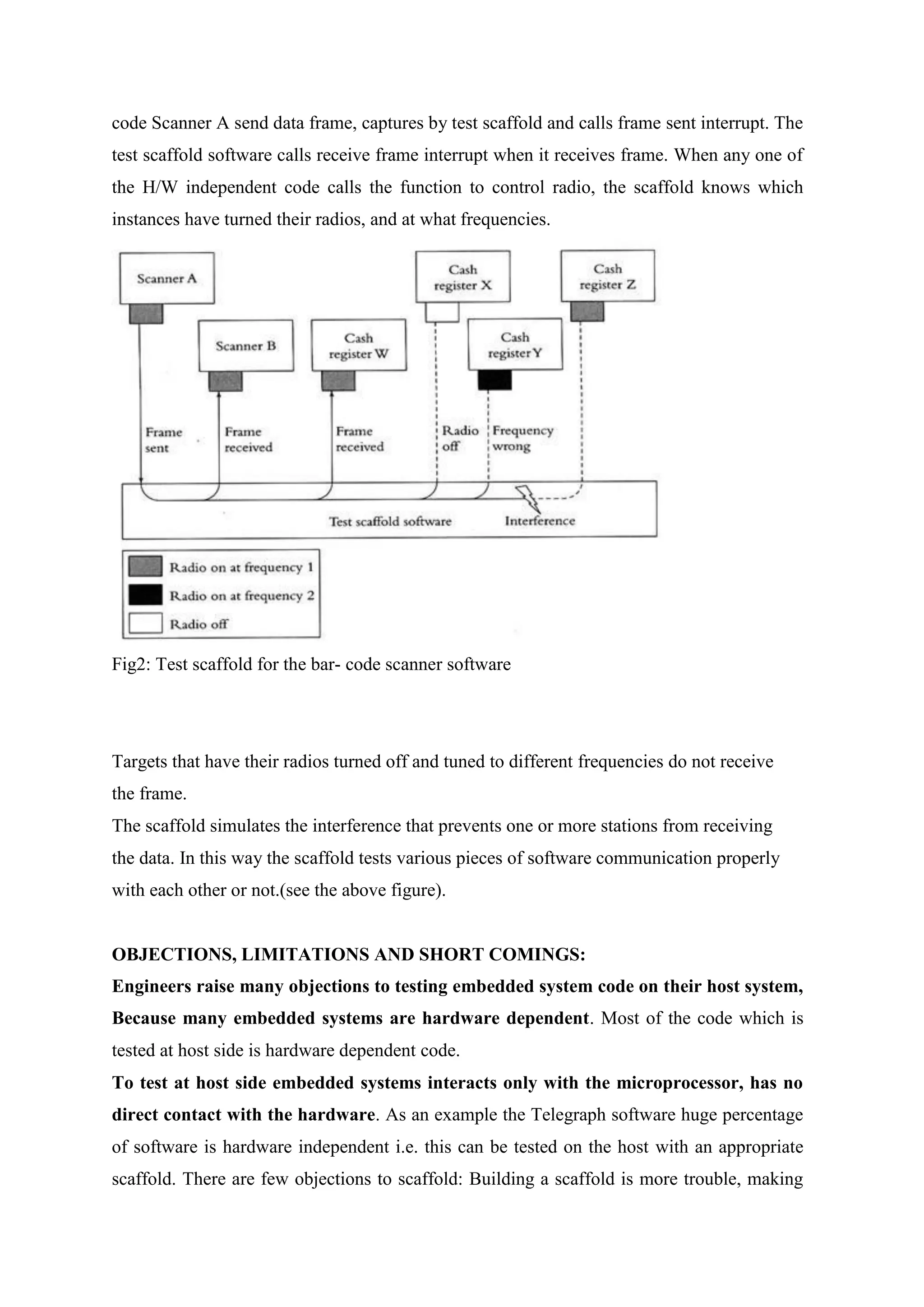 code Scanner A send data frame, captures by test scaffold and calls frame sent interrupt. The
test scaffold software calls receive frame interrupt when it receives frame. When any one of
the H/W independent code calls the function to control radio, the scaffold knows which
instances have turned their radios, and at what frequencies.
Fig2: Test scaffold for the bar- code scanner software
Targets that have their radios turned off and tuned to different frequencies do not receive
the frame.
The scaffold simulates the interference that prevents one or more stations from receiving
the data. In this way the scaffold tests various pieces of software communication properly
with each other or not.(see the above figure).
OBJECTIONS, LIMITATIONS AND SHORT COMINGS:
Engineers raise many objections to testing embedded system code on their host system,
Because many embedded systems are hardware dependent. Most of the code which is
tested at host side is hardware dependent code.
To test at host side embedded systems interacts only with the microprocessor, has no
direct contact with the hardware. As an example the Telegraph software huge percentage
of software is hardware independent i.e. this can be tested on the host with an appropriate
scaffold. There are few objections to scaffold: Building a scaffold is more trouble, making
 