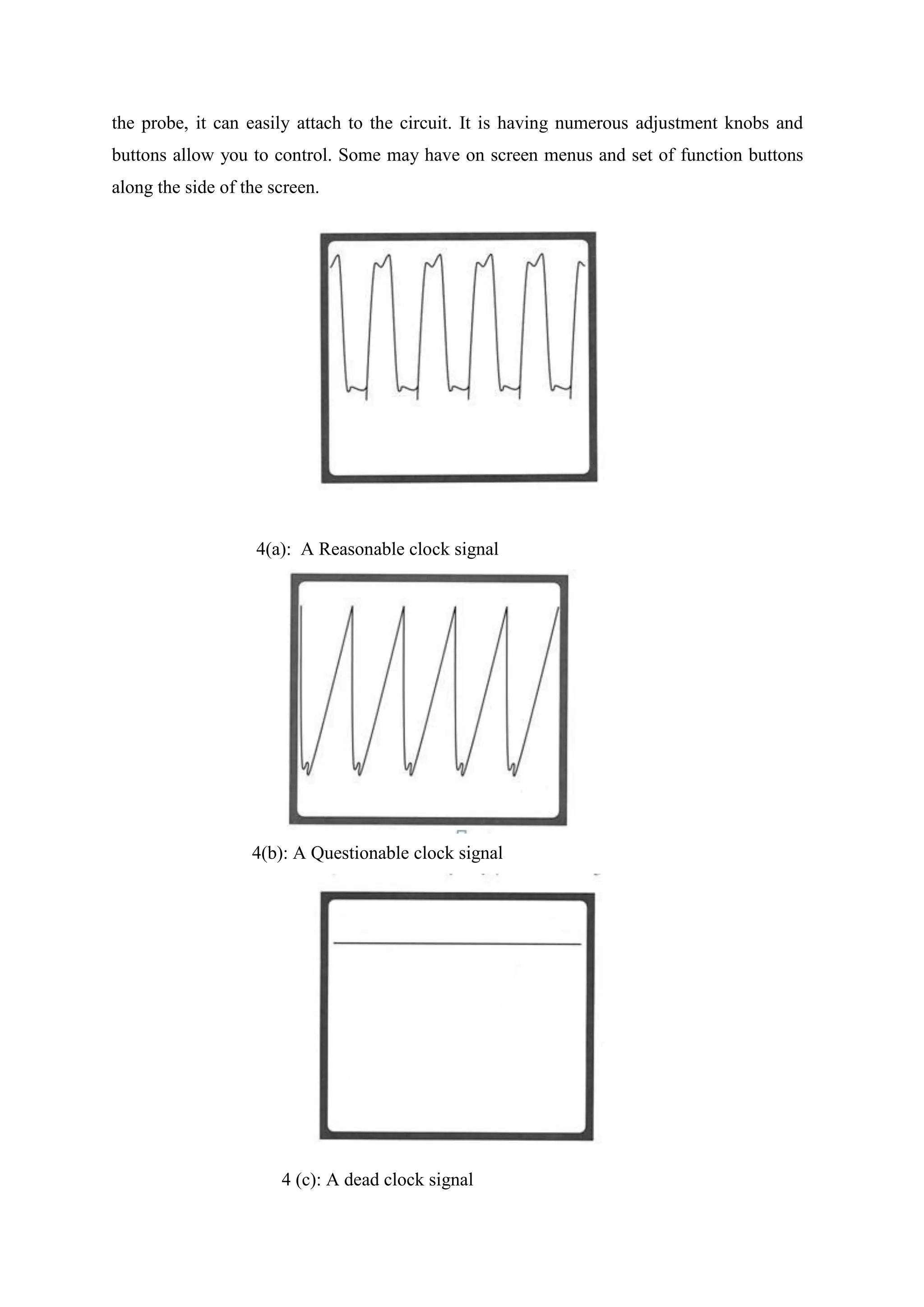 the probe, it can easily attach to the circuit. It is having numerous adjustment knobs and
buttons allow you to control. Some may have on screen menus and set of function buttons
along the side of the screen.
4(a): A Reasonable clock signal
4(b): A Questionable clock signal
4 (c): A dead clock signal
 