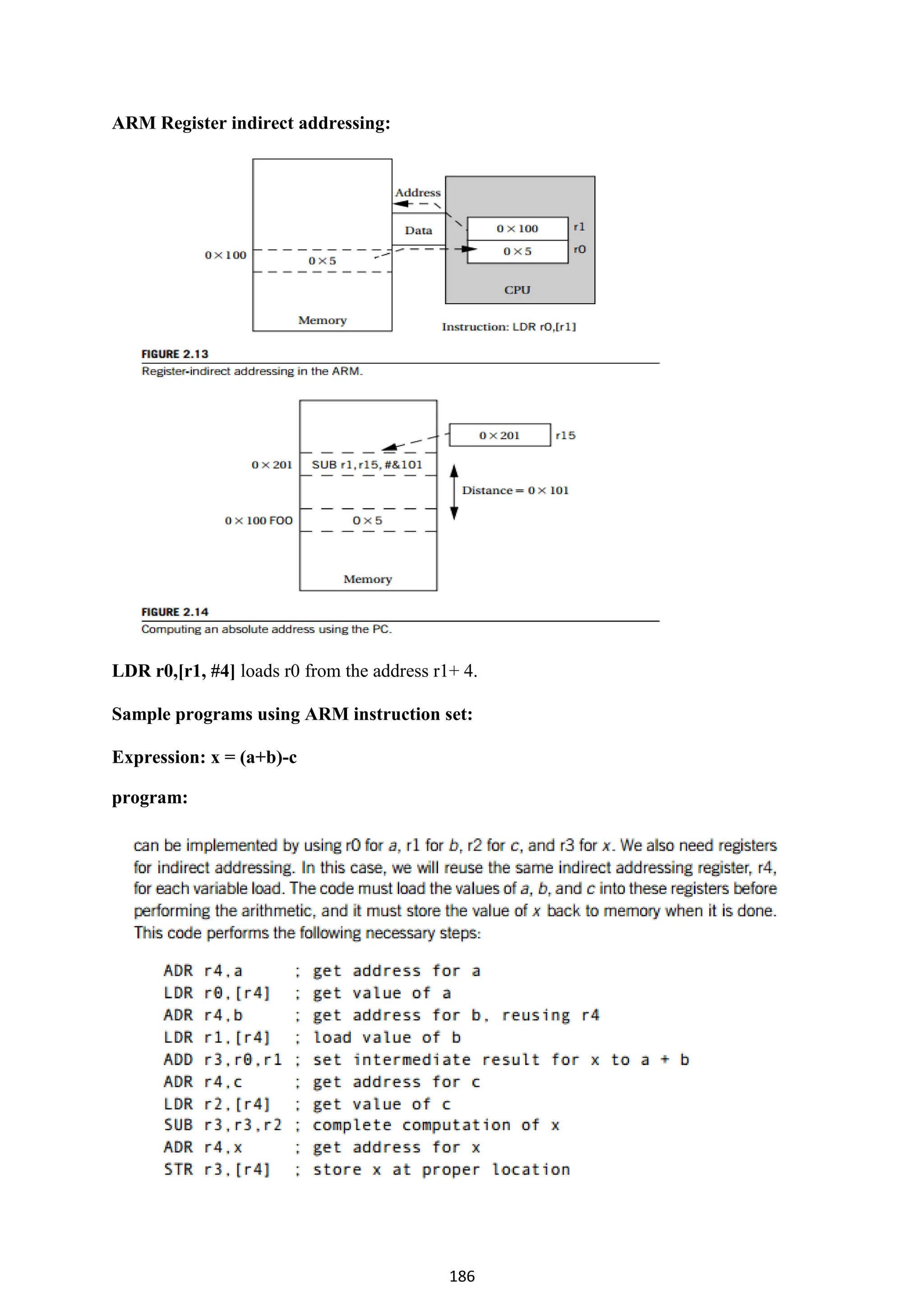 186
ARM Register indirect addressing:
LDR r0,[r1, #4] loads r0 from the address r1+ 4.
Sample programs using ARM instruction set:
Expression: x = (a+b)-c
program:
 