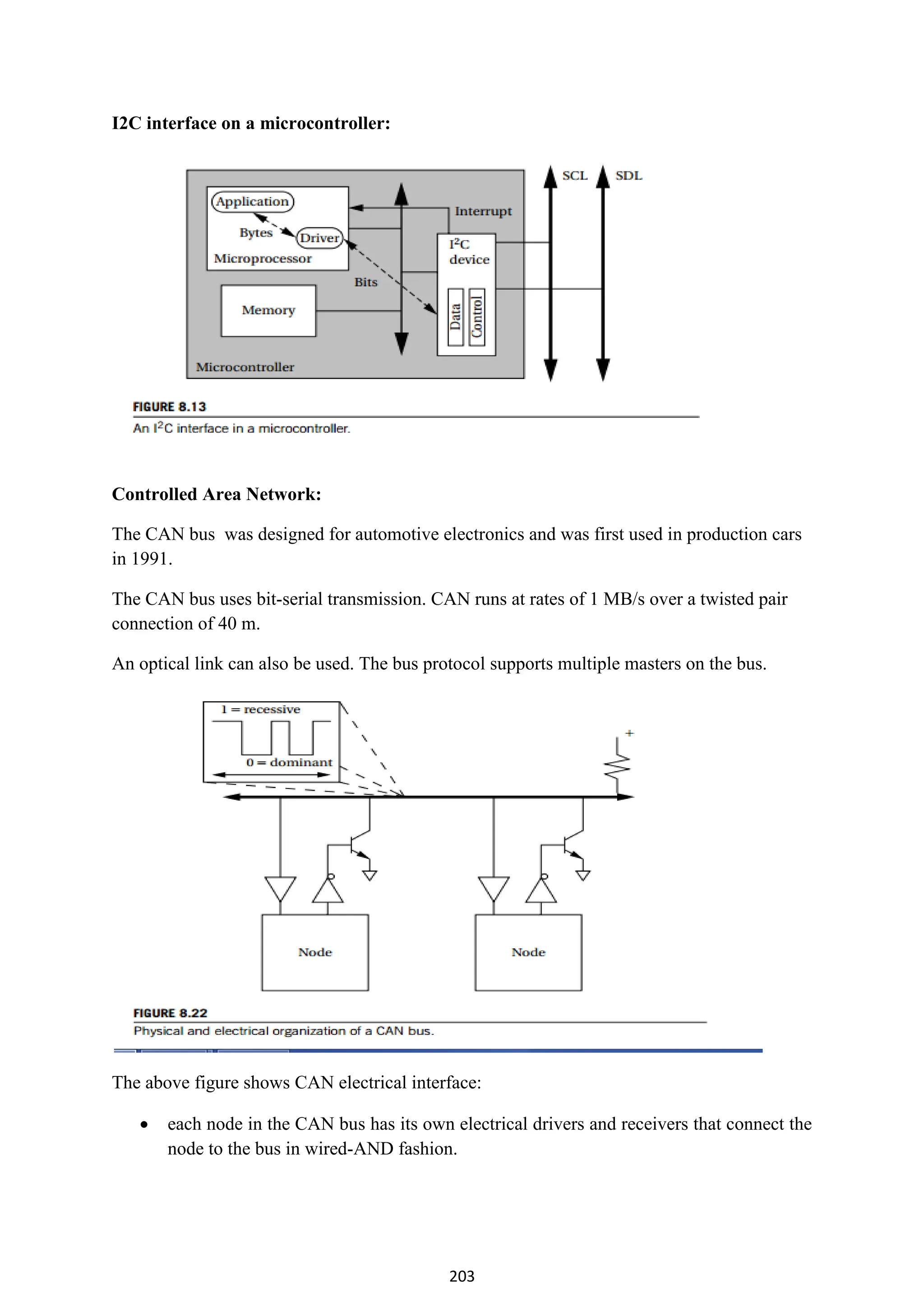 203
I2C interface on a microcontroller:
Controlled Area Network:
The CAN bus was designed for automotive electronics and was first used in production cars
in 1991.
The CAN bus uses bit-serial transmission. CAN runs at rates of 1 MB/s over a twisted pair
connection of 40 m.
An optical link can also be used. The bus protocol supports multiple masters on the bus.
The above figure shows CAN electrical interface:
 each node in the CAN bus has its own electrical drivers and receivers that connect the
node to the bus in wired-AND fashion.
 