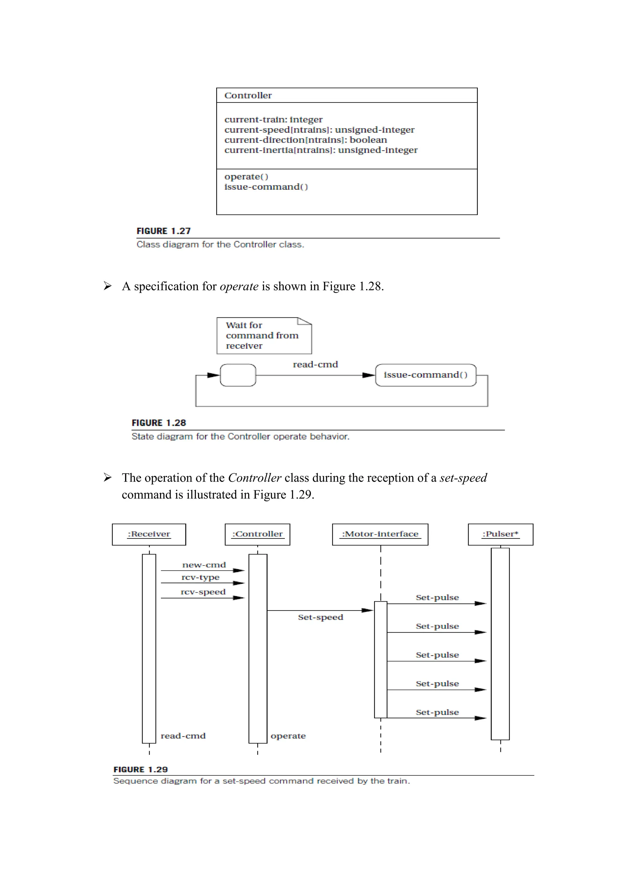  A specification for operate is shown in Figure 1.28.
 The operation of the Controller class during the reception of a set-speed
command is illustrated in Figure 1.29.
 
