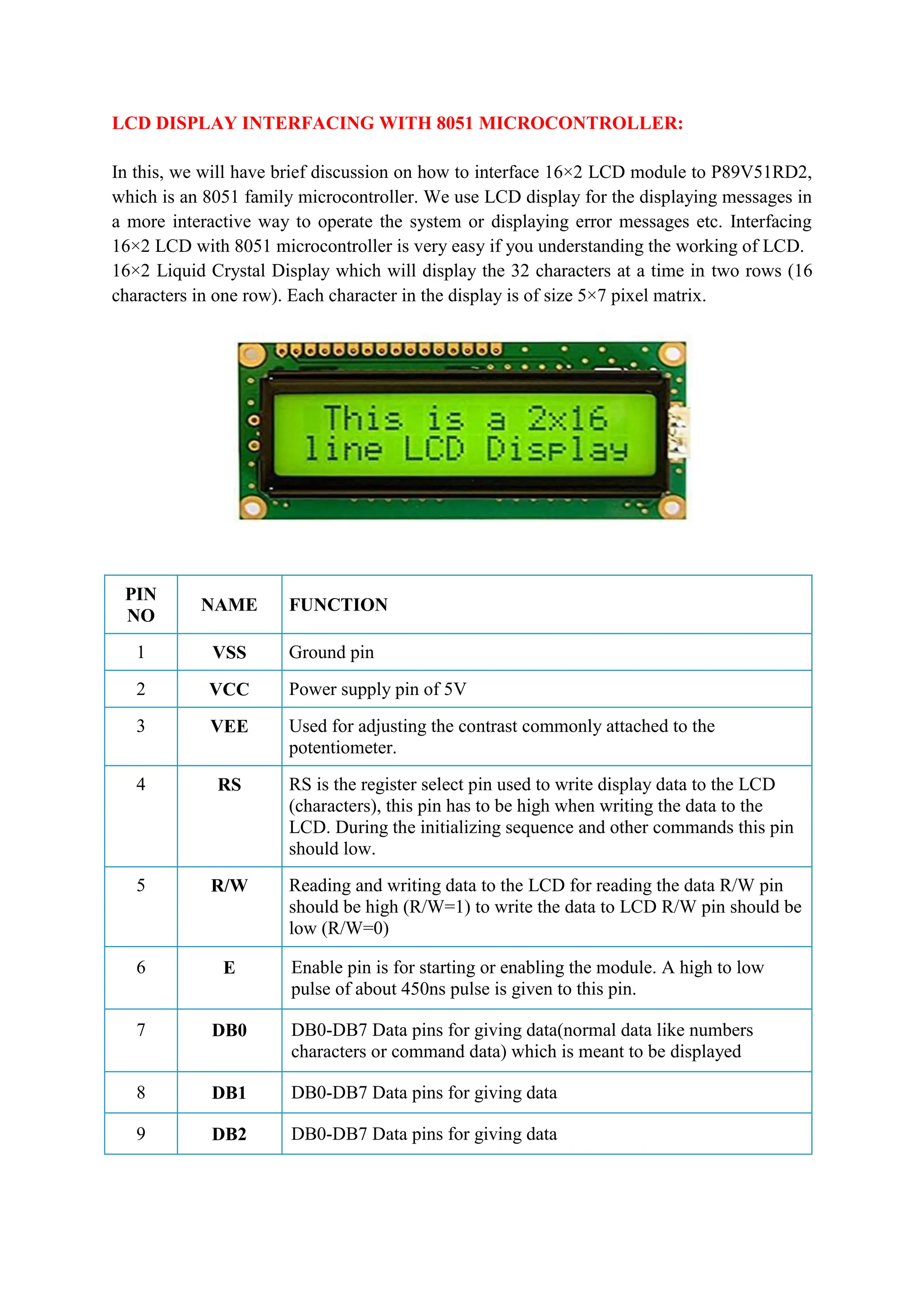 LCD DISPLAY INTERFACING WITH 8051 MICROCONTROLLER:
In this, we will have brief discussion on how to interface 16×2 LCD module to P89V51RD2,
which is an 8051 family microcontroller. We use LCD display for the displaying messages in
a more interactive way to operate the system or displaying error messages etc. Interfacing
16×2 LCD with 8051 microcontroller is very easy if you understanding the working of LCD.
16×2 Liquid Crystal Display which will display the 32 characters at a time in two rows (16
characters in one row). Each character in the display is of size 5×7 pixel matrix.
PIN
NO
NAME FUNCTION
1 VSS Ground pin
2 VCC Power supply pin of 5V
3 VEE Used for adjusting the contrast commonly attached to the
potentiometer.
4 RS RS is the register select pin used to write display data to the LCD
(characters), this pin has to be high when writing the data to the
LCD. During the initializing sequence and other commands this pin
should low.
5 R/W Reading and writing data to the LCD for reading the data R/W pin
should be high (R/W=1) to write the data to LCD R/W pin should be
low (R/W=0)
6 E Enable pin is for starting or enabling the module. A high to low
pulse of about 450ns pulse is given to this pin.
7 DB0 DB0-DB7 Data pins for giving data(normal data like numbers
characters or command data) which is meant to be displayed
8 DB1 DB0-DB7 Data pins for giving data
9 DB2 DB0-DB7 Data pins for giving data
 