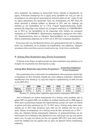 ιδίων κεφαλαίων της τράπεζας να ξαναγινόταν θετικό, δηλαδή να υπερκάλυπτε τις
ζημίες. Ενδεικτικά αναφέρουμε ότι οι ζημιές αυτές προήλθαν αφ’ ενός μεν από τη
συνεχιζόμενη για τρίτη χρονιά οικονομική και πολιτική κρίση και αφ’ ετέρου δε από
τις ζημιές απομείωσης που προέκυψαν λόγω της ολοκλήρωσης του PSI. Όπως θα
δούμε αργότερα η τράπεζα κρίθηκε ως βιώσιμη το 2011 από την Τράπεζα της
Ελλάδος με την προϋπόθεση ότι το Τ.Χ.Σ. (Ταμείο Χρηματοπιστωτικής Σταθε-
ρότητας) θα συμμετέχει στην αύξηση του μετοχικού κεφαλαίου με 6.900.000.000 €
και το 2012 με την προϋπόθεση ότι θα συμμετέχει στην αύξηση του μετοχικού
κεφαλαίου με 9.756.000.000 €. (Περισσότερες πληροφορίες παρέχονται στον επίλο-
γο). Χρησιμοποιώντας αυτά ως δεδομένα δημιουργήθηκαν και οι αναμορφωμένοι
δείκτες κεφαλαιακής επάρκειας για το 2011 και το 2012 που αναφέραμε παραπάνω.
Εκτός όμως από τους δύο βασικούς δείκτες, που χρησιμοποιούνται από τις τράπεζες
(λόγω της νομοθεσίας) για τη μέτρηση της κεφαλαιακής τους επάρκειας, υπάρχουν
και κάποιοι άλλοι που δίνουν μια πιο γενική εικόνα της. Αυτοί είναι οι ακόλουθοι:
Β. Δείκτης Ιδίων Κεφαλαίων προς Σύνολο Ενεργητικού
Ο δείκτης αυτός δείχνει τη σχέση μεταξύ των ιδίων κεφαλαίων μιας τράπεζας με τα
στοιχεία του ενεργητικού και υπολογίζεται ως εξής:
Δείκτης Ιδίων Κεφαλαίων προς Σύνολο Ενεργητικού =
𝜮ύ𝝂𝝄𝝀𝝄 𝜤𝜹ί𝝎𝝂 𝜥𝜺𝝋𝜶𝝀𝜶ί𝝎𝝂
𝜮ύ𝝂𝝄𝝀𝝄 𝜠𝝂𝜺𝝆𝜸𝜼𝝉𝜾𝜿𝝄ύ
Όσο μεγαλύτερη είναι η τιμή αυτού του αριθμοδείκτη, τόσο μικρότερη ανάγκη έχει
η επιχείρηση για ξένο δανεισμό, δηλαδή έχει καλή επάρκεια κεφαλαίων. Παρακάτω
παραθέτουμε έναν πίνακα με τις τιμές που παίρνει ο αριθμοδείκτης σε κάθε ένα από
τα έτη 2007-2012.
2007 2008 2009 2010 2011 2012
Όμιλος 10,42% 8,74% 8,43% 8,85% 4,68% -1,01%
Τράπεζα 9,57% 8,35% 8,37% 9,07% 4,20% -2,94%
Πίνακας 12, Δείκτης ιδίων κεφαλαίων προς σύνολο ενεργητικού 2007-2012
Από τα δεδομένα του πίνακα παρατηρούμε ότι ο δείκτης αυτός μειώθηκε από τη
χρήση 2007 στη χρήση 2008, ενώ κινήθηκε σε σταθερά επίπεδα από το 2008 μέχρι το
2010, αφού η μεγαλύτερη διαφορά που παρουσιάστηκε μεταξύ των τιμών του δείκτη
τα χρόνια αυτά ήταν μικρότερη του 1%. Το 2011 όμως ο δείκτης αυτός έπεσε κατα-
κόρυφα και το 2012 πήρε αρνητικές τιμές τόσο για την τράπεζα όσο και για τον
όμιλο. Πρέπει να αναφέρουμε ότι ο δείκτης αυτός θα ήταν αρνητικός και το 2011 –
όπως και ο βασικός δείκτης κεφαλαιακής επάρκειας- αν χρησιμοποιούσαμε για τον
υπολογισμό του τα δεδομένα όπως βρίσκονται στον ισολογισμό και όχι τους μέσους
όρους τους. Οι τιμές του δείκτη για όλη την περίοδο 2007-2012 είναι καλές καθώς
κινούνται σταθερά λίγο πιο χαμηλά από τις τιμές του βασικού δείκτη κεφαλαιακής
επάρκειας.
 