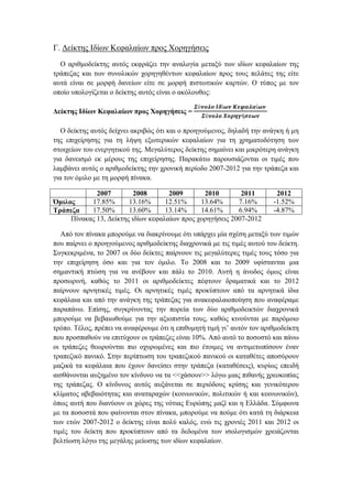 Γ. Δείκτης Ιδίων Κεφαλαίων προς Χορηγήσεις
Ο αριθμοδείκτης αυτός εκφράζει την αναλογία μεταξύ των ιδίων κεφαλαίων της
τράπεζας και των συνολικών χορηγηθέντων κεφαλαίων προς τους πελάτες της είτε
αυτά είναι σε μορφή δανείων είτε σε μορφή πιστωτικών καρτών. Ο τύπος με τον
οποίο υπολογίζεται ο δείκτης αυτός είναι ο ακόλουθος:
Δείκτης Ιδίων Κεφαλαίων προς Χορηγήσεις =
𝜮ύ𝝂𝝄𝝀𝝄 𝜤𝜹ί𝝎𝝂 𝜥𝜺𝝋𝜶𝝀𝜶ί𝝎𝝂
𝜮ύ𝝂𝝄𝝀𝝄 𝜲𝝄𝝆𝜼𝜸ή𝝈𝜺𝝎𝝂
Ο δείκτης αυτός δείχνει ακριβώς ότι και ο προηγούμενος, δηλαδή την ανάγκη ή μη
της επιχείρησης για τη λήψη εξωτερικών κεφαλαίων για τη χρηματοδότηση των
στοιχείων του ενεργητικού της. Μεγαλύτερος δείκτης σημαίνει και μικρότερη ανάγκη
για δανεισμό εκ μέρους της επιχείρησης. Παρακάτω παρουσιάζονται οι τιμές που
λαμβάνει αυτός ο αριθμοδείκτης την χρονική περίοδο 2007-2012 για την τράπεζα και
για τον όμιλο με τη μορφή πίνακα.
2007 2008 2009 2010 2011 2012
Όμιλος 17.85% 13.16% 12.51% 13.64% 7.16% -1.52%
Τράπεζα 17.50% 13.60% 13.14% 14.61% 6.94% -4.87%
Πίνακας 13, Δείκτης ιδίων κεφαλαίων προς χορηγήσεις 2007-2012
Από τον πίνακα μπορούμε να διακρίνουμε ότι υπάρχει μία σχέση μεταξύ των τιμών
που παίρνει ο προηγούμενος αριθμοδείκτης διαχρονικά με τις τιμές αυτού του δείκτη.
Συγκεκριμένα, το 2007 οι δύο δείκτες παίρνουν τις μεγαλύτερες τιμές τους τόσο για
την επιχείρηση όσο και για τον όμιλο. Το 2008 και το 2009 υφίστανται μια
σημαντική πτώση για να ανέβουν και πάλι το 2010. Αυτή η άνοδος όμως είναι
προσωρινή, καθώς το 2011 οι αριθμοδείκτες πέφτουν δραματικά και το 2012
παίρνουν αρνητικές τιμές. Οι αρνητικές τιμές προκύπτουν από τα αρνητικά ίδια
κεφάλαια και από την ανάγκη της τράπεζας για ανακεφαλαιοποίηση που αναφέραμε
παραπάνω. Επίσης, συγκρίνοντας την πορεία των δύο αριθμοδεικτών διαχρονικά
μπορούμε να βεβαιωθούμε για την αξιοπιστία τους, καθώς κινούνται με παρόμοιο
τρόπο. Τέλος, πρέπει να αναφέρουμε ότι η επιθυμητή τιμή γι’ αυτόν τον αριθμοδείκτη
που προσπαθούν να επιτύχουν οι τράπεζες είναι 10%. Από αυτό το ποσοστό και πάνω
οι τράπεζες θεωρούνται πιο οχυρωμένες και πιο έτοιμες να αντιμετωπίσουν έναν
τραπεζικό πανικό. Στην περίπτωση του τραπεζικού πανικού οι καταθέτες αποσύρουν
μαζικά τα κεφάλαια που έχουν δανείσει στην τράπεζα (καταθέσεις), κυρίως επειδή
αισθάνονται αυξημένο τον κίνδυνο να τα <<χάσουν>> λόγω μιας πιθανής χρεοκοπίας
της τράπεζας. Ο κίνδυνος αυτός αυξάνεται σε περιόδους κρίσης και γενικότερου
κλίματος αβεβαιότητας και αναταραχών (κοινωνικών, πολιτικών ή και κοινωνικών),
όπως αυτή που διανύουν οι χώρες της νότιας Ευρώπης μαζί και η Ελλάδα. Σύμφωνα
με τα ποσοστά που φαίνονται στον πίνακα, μπορούμε να πούμε ότι κατά τη διάρκεια
των ετών 2007-2012 ο δείκτης είναι πολύ καλός, ενώ τις χρονιές 2011 και 2012 οι
τιμές του δείκτη που προκύπτουν από τα δεδομένα των ισολογισμών χρειάζονται
βελτίωση λόγω της μεγάλης μείωσης των ιδίων κεφαλαίων.
 