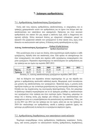 7. Διάφοροι αριθμοδείκτες
7.1. Αριθμοδείκτης Αποδοτικότητας Εργαζομένων
Εκτός από τους κύριους αριθμοδείκτες αποδοτικότητας, οι επιχειρήσεις και οι
τράπεζες χρησιμοποιούν αυτόν τον αριθμοδείκτη για να έχουν ένα δείγμα από την
αποδοτικότητα των υπαλλήλων που απασχολούν. Πρόκειται για έναν ποιοτικό
αριθμοδείκτη του οποίου δεν μας αφορά η απόλυτη τιμή, αλλά η διαχρονική του
σχετική εξέλιξη. Άλλοι ποιοτικοί δείκτες με εξαιρετικό ενδιαφέρον μπορεί να
αφορούν στο μορφωτικό επίπεδο των εργαζομένων ή στην ηλικία τους, όμως είναι
δύσκολο να υπολογιστούν από τρίτους. Ο δείκτης αυτός προσδιορίζεται ως εξής:
Δείκτης Αποδοτικότητας Εργαζομένων =
𝜥𝜶𝜽𝜶𝝆ά 𝜥έ𝝆𝜹𝜼 𝜲𝝆ή𝝈𝜺𝝎𝝇
𝜜𝝆𝜾𝜽𝝁ό𝝇 𝜠𝝆𝜸𝜶𝜻𝝄𝝁έ𝝂𝝎𝝂
Όσο μεγαλύτερη είναι η τιμή του δείκτη, τόσα περισσότερα κέρδη παράγει ο κάθε
εργαζόμενος, δηλαδή τόσο πιο αποδοτικός είναι. Εδώ πρέπει να επισημάνουμε ότι
όταν αναφερόμαστε στα κέρδη που παράγει κάθε εργαζόμενος αναφερόμαστε στο
μέσο εργαζόμενο. Παρακάτω παρουσιάζουμε τα αποτελέσματα του αριθμοδείκτη για
την τράπεζα και τον όμιλο την περίοδο 2007-2012.
2007 2008 2009 2010 2011 2012
Όμιλος 47,49 43,32 26,53 11,95 - -
Τράπεζα 66,51 35,33 17,22 - - -
Πίνακας 31, Δείκτης αποδοτικότητας εργαζομένων περιόδου 2007-2012
Από τα δεδομένα του παραπάνω πίνακα παρατηρούμε ότι με την πάροδο του
χρόνου ο αριθμοδείκτης ακολουθεί καθοδική πορεία. Θεωρητικά, αυτό συνεπάγεται
μια μείωση της αποδοτικότητας των εργαζομένων. Πρακτικά όμως, η μείωση αυτή
σχετίζεται κυρίως με την γενικότερη χειροτέρευση της οικονομικής κατάστασης στην
Ελλάδα και της συρρίκνωσης της οικονομικής δραστηριότητας. Έτσι, δεν μπορούμε
να βγάλουμε ασφαλή συμπεράσματα για το αν πράγματι μειώθηκε η αποδοτικότητα
των εργαζομένων στην τράπεζα και στον ευρύτερο όμιλο. Επομένως, μπορούμε να
πούμε ότι ο δείκτης αυτός μας παρέχει μία ένδειξη για την αποδοτικότητα των
εργαζομένων μόνο αν η αγορά βρίσκεται στη φυσιολογική της κατάσταση. Τέλος, για
τα έτη 2011 και 2012 για την τράπεζα και τον όμιλο, αλλά και για την τράπεζα το
2010 δεν υπολογίσαμε τον αριθμοδείκτη, επειδή η τράπεζα εμφάνισε ζημίες και
κρίνουμε μη ορθολογική τη σκέψη ότι οι εργαζόμενοι παράγουν ζημίες.
7.2. Αριθμοδείκτης διαρθρώσεως των απαιτήσεων κατά πελατών
Νωρίτερα αναφερθήκαμε στους αριθμοδείκτες διάρθρωσης κεφαλαίων. Εκτός,
όμως, από αυτούς μπορούν να υπολογιστούν δεκάδες αριθμοδείκτες διαρθρώσεως
 