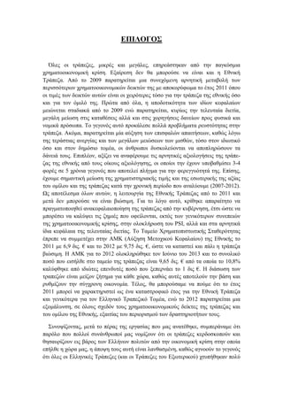 ΕΠΙΛΟΓΟΣ
Όλες οι τράπεζες, μικρές και μεγάλες, επηρεάστηκαν από την παγκόσμια
χρηματοοικονομική κρίση. Εξαίρεση δεν θα μπορούσε να είναι και η Εθνική
Τράπεζα. Από το 2009 παρατηρείται μια συνεχόμενη αρνητική μεταβολή των
περισσότερων χρηματοοικονομικών δεικτών της με αποκορύφωμα το έτος 2011 όπου
οι τιμές των δεικτών αυτών είναι οι χειρότερες τόσο για την τράπεζα της εθνικής όσο
και για τον όμιλό της. Πρώτα από όλα, η αποδοτικότητα των ιδίων κεφαλαίων
μειώνεται σταδιακά από το 2009 ενώ παρατηρείται, κυρίως την τελευταία διετία,
μεγάλη μείωση στις καταθέσεις αλλά και στις χορηγήσεις δανείων προς φυσικά και
νομικά πρόσωπα. Το γεγονός αυτό προκάλεσε πολλά προβλήματα ρευστότητας στην
τράπεζα. Ακόμα, παρατηρείται μία αύξηση των επισφαλών απαιτήσεων, καθώς λόγω
της τεράστιας ανεργίας και των μεγάλων μειώσεων των μισθών, τόσο στον ιδιωτικό
όσο και στον δημόσιο τομέα, οι άνθρωποι δυσκολεύονται να αποπληρώσουν τα
δάνειά τους. Επιπλέον, αξίζει να αναφέρουμε τις αρνητικές αξιολογήσεις της τράπε-
ζας της εθνικής από τους οίκους αξιολόγησης, οι οποίοι την έχουν υποβαθμίσει 3-4
φορές σε 5 χρόνια γεγονός που αποτελεί πλήγμα για την φερεγγυότητά της. Επίσης,
έχουμε σημαντική μείωση της χρηματιστηριακής τιμής και της εσωτερικής της αξίας
του ομίλου και της τράπεζας κατά την χρονική περίοδο που αναλύουμε (2007-2012).
Ως αποτέλεσμα όλων αυτών, η λειτουργία της Εθνικής Τράπεζας από το 2011 και
μετά δεν μπορούσε να είναι βιώσιμη. Για το λόγο αυτό, κρίθηκε απαραίτητο να
πραγματοποιηθεί ανακεφαλαιοποίηση της τράπεζας από την κυβέρνηση, έτσι ώστε να
μπορέσει να καλύψει τις ζημιές που οφείλονται, εκτός των γενικότερων συνεπειών
της χρηματοοικονομικής κρίσης, στην ολοκλήρωση του PSI, αλλά και στα αρνητικά
ίδια κεφάλαια της τελευταίας διετίας. Το Ταμείο Χρηματοπιστωτικής Σταθερότητας
έπρεπε να συμμετέχει στην ΑΜΚ (Αύξηση Μετοχικού Κεφαλαίου) της Εθνικής το
2011 με 6,9 δις. € και το 2012 με 9,75 δις. €, ώστε να καταστεί και πάλι η τράπεζα
βιώσιμη. Η ΑΜΚ για το 2012 ολοκληρώθηκε τον Ιούνιο του 2013 και το συνολικό
ποσό που εισήλθε στο ταμείο της τράπεζας είναι 9,65 δις. € από τα οποία το 10,8%
καλύφθηκε από ιδιώτες επενδυτές ποσό που ξεπερνάει το 1 δις €. Η διάσωση των
τραπεζών είναι μείζον ζήτημα για κάθε χώρα, καθώς αυτές αποτελούν την βάση και
ρυθμίζουν την σύγχρονη οικονομία. Τέλος, θα μπορούσαμε να πούμε ότι το έτος
2011 μπορεί να χαρακτηριστεί ως ένα καταστροφικό έτος για την Εθνική Τράπεζα
και γενικότερα για τον Ελληνικό Τραπεζικό Τομέα, ενώ το 2012 παρατηρείται μια
εξομάλυνση, σε όλους σχεδόν τους χρηματοοικονομικούς δείκτες της τράπεζας και
του ομίλου της Εθνικής, εξαιτίας του περιορισμού των δραστηριοτήτων τους.
Συνοψίζοντας, μετά το πέρας της εργασίας που μας ανατέθηκε, συμπεράναμε ότι
παρόλο που πολλοί συνάνθρωποί μας νομίζουν ότι οι τράπεζες κερδοσκοπούν και
θησαυρίζουν εις βάρος των Ελλήνων πολιτών από την οικονομική κρίση στην οποία
επήλθε η χώρα μας, η άποψη τους αυτή είναι λανθασμένη, καθώς αγνοούν το γεγονός
ότι όλες οι Ελληνικές Τράπεζες (και οι Τράπεζες του Εξωτερικού) χτυπήθηκαν πολύ
 
