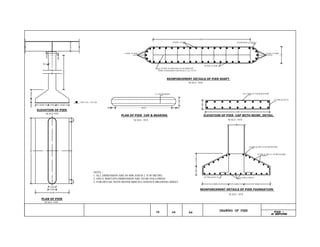 6200
1300
1200
7600
6010
800800
PLAN OF PIER
850 850
1300
PLAN OF PIER CAP & BEARING
C.L OF BEARING
300
1200
12 TOR @150 C/C
10-12 TOR AT TOP & BOTTOM
ELEVATION OF PIER CAP WITH REINF, DETAIL
ELEVATION OF PIER
FND. LVL = 647.100
2500 1200
5001500
6550
245
1675
6010
1200
REINFORCEMENT DETAILS OF PIER SHAFT
50 NOS. 16 TOR
8 NOS. 16 TOR8 NOS. 16 TOR
25 NOS 10 TOR LINK AT ALTERNATE
NODE STAGGERED VERTICALLY @ 175 C/C
50 NOS. 16 TOR 10 TOR RING @ 200 C/C
REINFORCEMENT DETAILS OF PIER FOUNDATION
1200 25002500
5001500
10 TOR @ 200 C/C ON BOTH SIDE
12 TOR @ 200 C/C20 TOR @160 C/C
10 TOR @ 200 C/C ON BOTH SIDE
50
SCALE NTS
SCALE -NTS
SCALE - NTS
SCALE - NTS
SCALE - NTS
SCALE - NTS
2500
300
NOTE :-
1. ALL DIMENSION ARE IN MM AND R.L.'S IN METRE.
2. ONLY WRITTEN DIMENSION ARE TO BE FOLLOWED.
3. FOR DETAIL NOTE REFER MISCELLANEOUS DRAWING SHEET.
6010
 