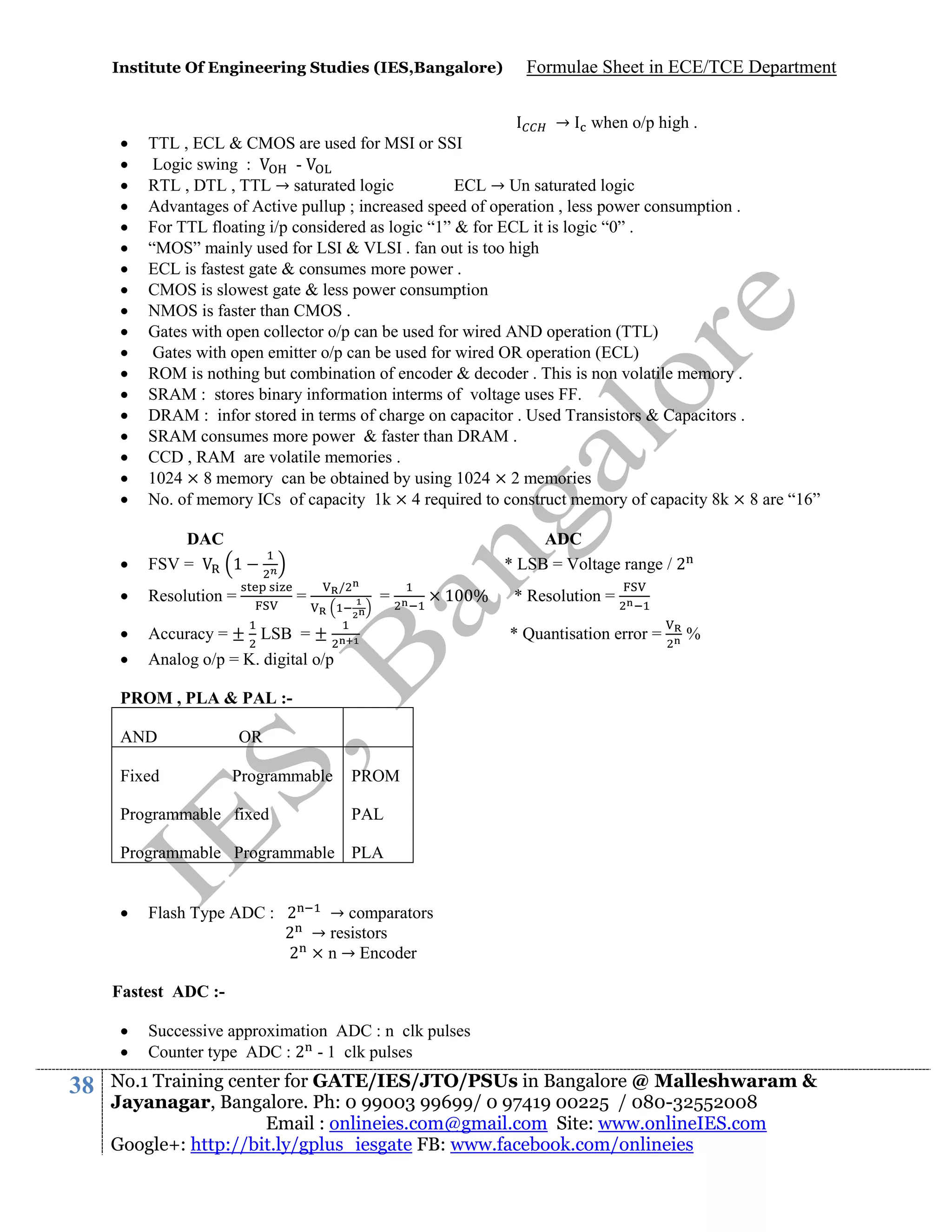 Institute Of Engineering Studies (IES,Bangalore)

Formulae Sheet in ECE/TCE Department




















→ when o/p high .
TTL , ECL & CMOS are used for MSI or SSI
Logic swing :
RTL , DTL , TTL → saturated logic
ECL → Un saturated logic
Advantages of Active pullup ; increased speed of operation , less power consumption .
For TTL floating i/p considered as logic “1” & for ECL it is logic “0” .
“MOS” mainly used for LSI & VLSI . fan out is too high
ECL is fastest gate & consumes more power .
CMOS is slowest gate & less power consumption
NMOS is faster than CMOS .
Gates with open collector o/p can be used for wired AND operation (TTL)
Gates with open emitter o/p can be used for wired OR operation (ECL)
ROM is nothing but combination of encoder & decoder . This is non volatile memory .
SRAM : stores binary information interms of voltage uses FF.
DRAM : infor stored in terms of charge on capacitor . Used Transistors & Capacitors .
SRAM consumes more power & faster than DRAM .
CCD , RAM are volatile memories .
1024 × 8 memory can be obtained by using 1024 × 2 memories
No. of memory ICs of capacity 1k × 4 required to construct memory of capacity 8k × 8 are “16”



DAC
FSV =
1



Resolution =




Accuracy = ± LSB = ±
Analog o/p = K. digital o/p

ADC
* LSB = Voltage range / 2
=

/

=

1

%

* Resolution =
* Quantisation error =

%

PROM , PLA & PAL :AND
Fixed

OR
Programmable

Programmable fixed

PROM
PAL

Programmable Programmable PLA


Flash Type ADC : 2
→ comparators
2 → resistors
2 × n → Encoder

Fastest ADC :


38

Successive approximation ADC : n clk pulses
Counter type ADC : 2 - 1 clk pulses

No.1 Training center for GATE/IES/JTO/PSUs in Bangalore @ Malleshwaram &
Jayanagar, Bangalore. Ph: 0 99003 99699/ 0 97419 00225 / 080-32552008
Email : onlineies.com@gmail.com Site: www.onlineIES.com
Google+: http://bit.ly/gplus_iesgate FB: www.facebook.com/onlineies

 