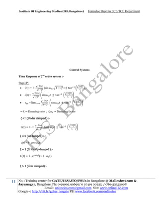 Institute Of Engineering Studies (IES,Bangalore)

Formulae Sheet in ECE/TCE Department

Control Systems
Time Response of 2nd order system :Step i/P :


C(t) = 1-



e(t) =



e

= lim

(sin ω
sin

1

t ± tan

tan
sin

→

)

tan

→ → Damping ratio ; ω → Damping actor
< 1(Under damped ) :C(t) = 1- =

Sin

tan

= 0 (un damped) :c(t) = 1- cos ω t
= 1 (Critically damped ) :C(t) = 1 - e

(1 + ω t)

> 1 (over damped) :-

11

No.1 Training center for GATE/IES/JTO/PSUs in Bangalore @ Malleshwaram &
Jayanagar, Bangalore. Ph: 0 99003 99699/ 0 97419 00225 / 080-32552008
Email : onlineies.com@gmail.com Site: www.onlineIES.com
Google+: http://bit.ly/gplus_iesgate FB: www.facebook.com/onlineies

 