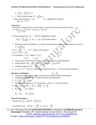 Institute Of Engineering Studies (IES,Bangalore)

a -

E=


(

Formulae Sheet in ECE/TCE Department

)
a .

‘E’ due to volume charge E =

→ Electric flux density D =
Flux Ψ = s .

D → independent of medium

Gauss Law :→ Total flux coming out of any closed surface is equal to total charge enclosed by surface .
Ψ=
⇒ D . ds =
= ρ . dv
ρ = .D
→ Electric potential

=

a . dr a =

=

. d (independent of path)

= -

-

(for point charge )

Potential @ any point (distance = r), where Q is located same where , whose position is vector @ r
V=
|
|

→ V(r) =

+ C . [ if ‘C’ taken as ref potential ]

→ × E = 0, E = - V
→ For monopole E ∝ ; Dipole E ∝

.




V∝ ;
V ∝
Electric lines of force/ flux /direction of E always normal to equipotential lines .
Energy Density
=
=
D. dv =
dv



Continuity Equation



ρ =ρ

e

/

.J = -

where

.

= Relaxation / regeneration time = /σ (less for good conductor )

Boundary Conditions :=
 Tangential component of ‘E’ are continuous across dielectric-dielectric Boundary .
 Tangential Components of ‘D’ are dis continues across Boundary .

=
;
= / .




Normal components are of ‘D’ are continues , where as ‘E’ are dis continues.
D - D =ρ ;
=
;
= =
=
=

=

t

=

Maxwell’s Equations :→ faraday law
=
.d = → Transformer emf =

14

.d = -

. ds
ds ⇒

×E=-

No.1 Training center for GATE/IES/JTO/PSUs in Bangalore @ Malleshwaram &
Jayanagar, Bangalore. Ph: 0 99003 99699/ 0 97419 00225 / 080-32552008
Email : onlineies.com@gmail.com Site: www.onlineIES.com
Google+: http://bit.ly/gplus_iesgate FB: www.facebook.com/onlineies

 