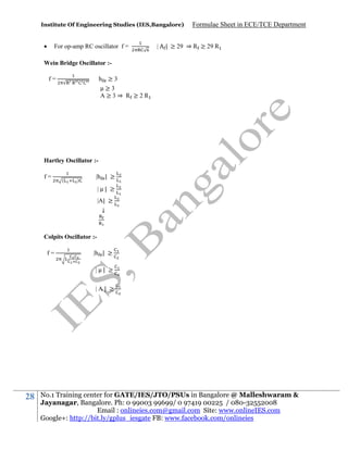 Institute Of Engineering Studies (IES,Bangalore)



For op-amp RC oscillator f =

|

Formulae Sheet in ECE/TCE Department

| ≥ 29 ⇒ R ≥ 29 R

Wein Bridge Oscillator :h ≥3
≥3
A≥3⇒ R ≥2R

f=

Hartley Oscillator :f=

(

)

|h | ≥
| | ≥
|A| ≥
↓

Colpits Oscillator :f=

|h | ≥
|

| ≥

|A| ≥

28

No.1 Training center for GATE/IES/JTO/PSUs in Bangalore @ Malleshwaram &
Jayanagar, Bangalore. Ph: 0 99003 99699/ 0 97419 00225 / 080-32552008
Email : onlineies.com@gmail.com Site: www.onlineIES.com
Google+: http://bit.ly/gplus_iesgate FB: www.facebook.com/onlineies

 