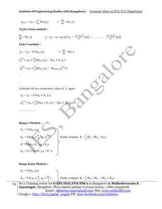 Institute Of Engineering Studies (IES,Bangalore)

y

=y +

(x y )

←

Formulae Sheet in ECE/TCE Department

= f(x, y)

Taylor Series method := f(x, y)

y = y + (x- x ) (y ) +

(

)

(y) + ………….

(

)

+

)

(y)

Euler’s method :y = y + h f(x , y )
y

←

= f(x, y

( )

= y + [f(x , y ) + f(x + h, y )

( )

= y + [f(x , y ) + f(x

y

,y

( )

)]

:
:
Calculate till two consecutive value of ‘y’ agree
y = y + h f(x + h, y )
y

( )

= y + [f(x + h, y ) + f(x + 2h, y )

………………

Runge’s Method :k = h f(x , y )
k = h f( x + , y +

)

finally compute K = (

+4

+

finally compute K = (

+2

+2

)

k = h f(x +h , y + k )
k = h ( f (x +h , y + k ))

Runge Kutta Method :k = h f(x , y )
k = h f( x + , y +

34

)

No.1 Training center for GATE/IES/JTO/PSUs in Bangalore @ Malleshwaram &
Jayanagar, Bangalore. Ph: 0 99003 99699/ 0 97419 00225 / 080-32552008
Email : onlineies.com@gmail.com Site: www.onlineIES.com
Google+: http://bit.ly/gplus_iesgate FB: www.facebook.com/onlineies

 