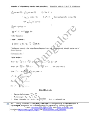 Institute Of Engineering Studies (IES,Bangalore)

(

sin (ax + b) =

)

(

= x

(

f(- a ) = 0

sin (ax + b)

)

=x

( )

f(- a ) ≠ 0

sin (ax + b)

)

(

Formulae Sheet in ECE/TCE Department

Same applicable for cos (ax + b)

sin (ax + b)

)

x = [ (D)] x

( )

e

f(x) = e

(

f(x)

)

Vector Calculus :Green’s Theorem :(ϕ dx +

Ψ
x

dy) =

ϕ
y

dx dy

This theorem converts a line integral around a closed curve into Double integral which is special case of
Stokes theorem .
Series expansion :Taylor Series :f(x) = f(a) +
f(x) = f(0) +

( )

( )

x +

(1 + x) = 1+ nx +
e = 1+x+

( )

(x-a) +

(x

a) + …………+

( )

x + …………+

)

(x

a)

x + …… | nx| < 1

(

( )

( )

x

+ ……. (mc lower series )

+ ……..

Sin x = x -

+

- ……..

Cos x = 1 -

+

- ……..
Digital Electronics





37

Fan out of a logic gate =

Noise margin :
or
Power Dissipation
=

or
=

→

when o/p low

No.1 Training center for GATE/IES/JTO/PSUs in Bangalore @ Malleshwaram &
Jayanagar, Bangalore. Ph: 0 99003 99699/ 0 97419 00225 / 080-32552008
Email : onlineies.com@gmail.com Site: www.onlineIES.com
Google+: http://bit.ly/gplus_iesgate FB: www.facebook.com/onlineies

 