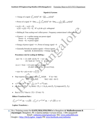 Institute Of Engineering Studies (IES,Bangalore)

Formulae Sheet in ECE/TCE Department

Signals & Systems
→ Energy of a signal

| [ ]|

|x(t)| dt =

→ Power of a signal P = lim
→ x (t) →
; x (t) →
x (t) + x (t) → +

|x(t)| dt = lim

→

→

|x[n]|

iff x (t) & x (t) orthogonal

→ Shifting & Time scaling won’t effect power . Frequency content doesn’t effect power.
→ if power = ∞ → neither energy nor power signal
Power = 0 ⇒ Energy signal
Power = K ⇒ power signal
→ Energy of power signal = ∞ ; Power of energy signal = 0
→ Generally Periodic & random signals → Power signals
Aperiodic & deterministic → Energy signals
Precedence rule for scaling & Shifting :
x(at + b) → (1) shift x(t) by ‘b’ → x(t + b)
(2) Scale x(t + b) by ‘a’ → x(at + b)
x( a ( t + b/a)) → (1) scale x(t) by a → x(at)
(2) shift x(at) by b/a → x (a (t+b/a)).
→ x(at +b) = y(t) ⇒ x(t) = y


Step response s(t) = h(t) * u(t) =
S[n] =
[ ]




e



Rect (t / 2T) * Rect (t / 2T) = 2T tri(t / T)

h(t)dt
S’ (t) = h(t)
h[n] = s[n] – s[n-1]

u(t) * e
u(t) =
[e
- e ] u(t) .
Rect (t / 2 ) *
Rect(t / 2 ) = 2
min ( ,

) trapezoid ( ,

)

Hilbert Transform Pairs :
e

/

dx = σ 2π ;

x e

/

dx = σ

2π σ > 0

Laplace Transform :-

5

No.1 Training center for GATE/IES/JTO/PSUs in Bangalore @ Malleshwaram &
Jayanagar, Bangalore. Ph: 0 99003 99699/ 0 97419 00225 / 080-32552008
Email : onlineies.com@gmail.com Site: www.onlineIES.com
Google+: http://bit.ly/gplus_iesgate FB: www.facebook.com/onlineies

 