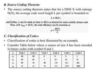 B. Source Coding Theorem:
• The source coding theorem states that for a DMS X with entropy
H(X), the average code word length L per symbol is bounded as
C. Classification of Codes:
• Classification of codes is best illustrated by an example.
• Consider Table below where a source of size 4 has been encoded
in binary codes with symbol 0 and 1.
 