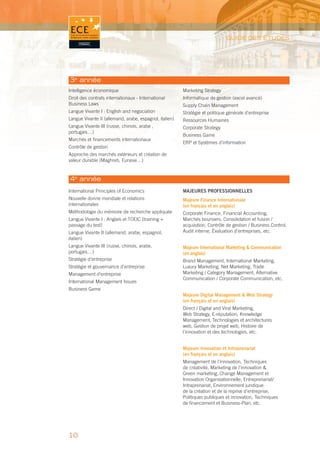 GUIDE DES ÉTUDES




3e année
Intelligence économique                                  Marketing Strategy
Droit des contrats internationaux - International        Informatique de gestion (excel avancé)
Business Laws                                            Supply Chain Management
Langue Vivante I : English and negociation               Stratégie et politique générale d’entreprise
Langue Vivante II (allemand, arabe, espagnol, italien)   Ressources Humaines
Langue Vivante III (russe, chinois, arabe ,              Corporate Strategy
portugais…)
                                                         Business Game
Marchés et ﬁnancements internationaux
                                                         ERP et Systèmes d’information
Contrôle de gestion
Approche des marchés extérieurs et création de
valeur durable (Maghreb, Eurasie…)


4e année
International Principles of Economics                    MAJEURES PROFESSIONNELLES
Nouvelle donne mondiale et relations                     Majeure Finance Internationale
internationales                                          (en français et en anglais)
Méthodologie du mémoire de recherche appliquée           Corporate Finance, Financial Accounting,
Langue Vivante I : Anglais et TOEIC (training +          Marchés boursiers, Consolidation et fusion /
passage du test)                                         acquisition, Contrôle de gestion / Business Control,
Langue Vivante II (allemand, arabe, espagnol,            Audit interne, Évaluation d’entreprises, etc.
italien)
Langue Vivante III (russe, chinois, arabe,               Majeure International Marketing & Communication
portugais…)                                              (en anglais)
Stratégie d’entreprise                                   Brand Management, International Marketing,
Stratégie et gouvernance d’entreprise                    Luxury Marketing, Net Marketing, Trade
Management d’entreprise                                  Marketing / Category Management, Alternative
                                                         Communication / Corporate Communication, etc.
International Management Issues
Business Game
                                                         Majeure Digital Management & Web Strategy
                                                         (en français et en anglais)
                                                         Direct / Digital and Viral Marketing,
                                                         Web Strategy, E-réputation, Knowledge
                                                         Management, Technologies et architectures
                                                         web, Gestion de projet web, Histoire de
                                                         l’innovation et des technologies, etc.


                                                         Majeure Innovation et Intraprenariat
                                                         (en français et en anglais)
                                                         Management de l’innovation, Techniques
                                                         de créativité, Marketing de l’innovation &
                                                         Green marketing, Change Management et
                                                         Innovation Organisationnelle, Entreprenariat/
                                                         Intraprenariat, Environnement juridique
                                                         de la création et de la reprise d’entreprise,
                                                         Politiques publiques et innovation, Techniques
                                                         de ﬁnancement et Business-Plan, etc.




10
 