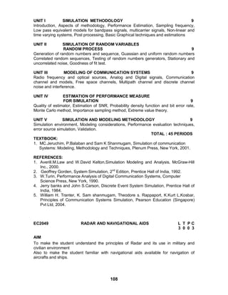 108
UNIT I SIMULATION METHODOLOGY 9
Introduction, Aspects of methodology, Performance Estimation, Sampling frequency,
Low pass equivalent models for bandpass signals, multicarrier signals, Non-linear and
time varying systems, Post processing, Basic Graphical techniques and estimations
UNIT II SIMULATION OF RANDOM VARIABLES
RANDOM PROCESS 9
Generation of random numbers and sequence, Guassian and uniform random numbers
Correlated random sequences, Testing of random numbers generators, Stationary and
uncorrelated noise, Goodness of fit test.
UNIT III MODELING OF COMMUNICATION SYSTEMS 9
Radio frequency and optical sources, Analog and Digital signals, Communication
channel and models, Free space channels, Multipath channel and discrete channel
noise and interference.
UNIT IV ESTIMATION OF PERFORMANCE MEASURE
FOR SIMULATION 9
Quality of estimator, Estimation of SNR, Probability density function and bit error rate,
Monte Carlo method, Importance sampling method, Extreme value theory.
UNIT V SIMULATION AND MODELING METHODOLOGY 9
Simulation environment, Modeling considerations, Performance evaluation techniques,
error source simulation, Validation.
TOTAL : 45 PERIODS
TEXTBOOK:
1. MC.Jeruchim, P.Balaban and Sam K Shanmugam, Simulation of communication
Systems: Modeling, Methodology and Techniques, Plenum Press, New York, 2001.
REFERENCES:
1. Averill.M.Law and W.David Kelton,Simulation Modeling and Analysis, McGraw-Hill
Inc., 2000.
2. Geoffrey Gorden, System Simulation, 2nd
Edition, Prentice Hall of India, 1992.
3. W.Turin, Performance Analysis of Digital Communication Systems, Computer
Science Press, New York, 1990.
4. Jerry banks and John S.Carson, Discrete Event System Simulation, Prentice Hall of
India, 1984.
5. William H. Tranter, K. Sam shanmugam, Theodore s. Rappaport, K.Kurt L.Kosbar,
Principles of Communication Systems Simulation, Pearson Education (Singapore)
Pvt Ltd, 2004.
EC2049 RADAR AND NAVIGATIONAL AIDS L T P C
3 0 0 3
AIM
To make the student understand the principles of Radar and its use in military and
civilian environment
Also to make the student familiar with navigational aids available for navigation of
aircrafts and ships.
 