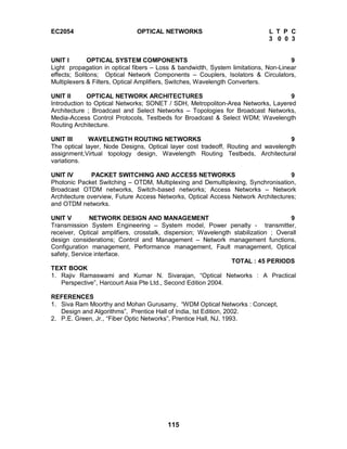 115
EC2054 OPTICAL NETWORKS L T P C
3 0 0 3
UNIT I OPTICAL SYSTEM COMPONENTS 9
Light propagation in optical fibers – Loss & bandwidth, System limitations, Non-Linear
effects; Solitons; Optical Network Components – Couplers, Isolators & Circulators,
Multiplexers & Filters, Optical Amplifiers, Switches, Wavelength Converters.
UNIT II OPTICAL NETWORK ARCHITECTURES 9
Introduction to Optical Networks; SONET / SDH, Metropoliton-Area Networks, Layered
Architecture ; Broadcast and Select Networks – Topologies for Broadcast Networks,
Media-Access Control Protocols, Testbeds for Broadcast & Select WDM; Wavelength
Routing Architecture.
UNIT III WAVELENGTH ROUTING NETWORKS 9
The optical layer, Node Designs, Optical layer cost tradeoff, Routing and wavelength
assignment,Virtual topology design, Wavelength Routing Testbeds, Architectural
variations.
UNIT IV PACKET SWITCHING AND ACCESS NETWORKS 9
Photonic Packet Switching – OTDM, Multiplexing and Demultiplexing, Synchronisation,
Broadcast OTDM networks, Switch-based networks; Access Networks – Network
Architecture overview, Future Access Networks, Optical Access Network Architectures;
and OTDM networks.
UNIT V NETWORK DESIGN AND MANAGEMENT 9
Transmission System Engineering – System model, Power penalty - transmitter,
receiver, Optical amplifiers, crosstalk, dispersion; Wavelength stabilization ; Overall
design considerations; Control and Management – Network management functions,
Configuration management, Performance management, Fault management, Optical
safety, Service interface.
TOTAL : 45 PERIODS
TEXT BOOK
1. Rajiv Ramaswami and Kumar N. Sivarajan, “Optical Networks : A Practical
Perspective”, Harcourt Asia Pte Ltd., Second Edition 2004.
REFERENCES
1. Siva Ram Moorthy and Mohan Gurusamy, “WDM Optical Networks : Concept,
Design and Algorithms”, Prentice Hall of India, Ist Edition, 2002.
2. P.E. Green, Jr., “Fiber Optic Networks”, Prentice Hall, NJ, 1993.
 