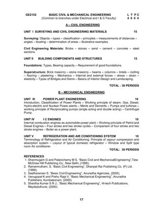 17
GE2152 BASIC CIVIL & MECHANICAL ENGINEERING L T P C
(Common to branches under Electrical and I & C Faculty) 4 0 0 4
A – CIVIL ENGINEERING
UNIT I SURVEYING AND CIVIL ENGINEERING MATERIALS 15
Surveying: Objects – types – classification – principles – measurements of distances –
angles – leveling – determination of areas – illustrative examples.
Civil Engineering Materials: Bricks – stones – sand – cement – concrete – steel
sections.
UNIT II BUILDING COMPONENTS AND STRUCTURES 15
Foundations: Types, Bearing capacity – Requirement of good foundations.
Superstructure: Brick masonry – stone masonry – beams – columns – lintels – roofing
– flooring – plastering – Mechanics – Internal and external forces – stress – strain –
elasticity – Types of Bridges and Dams – Basics of Interior Design and Landscaping.
TOTAL : 30 PERIODS
B – MECHANICAL ENGINEERING
UNIT III POWER PLANT ENGINEERING 10
Introduction, Classification of Power Plants – Working principle of steam, Gas, Diesel,
Hydro-electric and Nuclear Power plants – Merits and Demerits – Pumps and turbines –
working principle of Reciprocating pumps (single acting and double acting) – Centrifugal
Pump.
UNIT IV I C ENGINES 10
Internal combustion engines as automobile power plant – Working principle of Petrol and
Diesel Engines – Four stroke and two stroke cycles – Comparison of four stroke and two
stroke engines – Boiler as a power plant.
UNIT V REFRIGERATION AND AIR CONDITIONING SYSTEM 10
Terminology of Refrigeration and Air Conditioning. Principle of vapour compression and
absorption system – Layout of typical domestic refrigerator – Window and Split type
room Air conditioner.
TOTAL: 30 PERIODS
REFERENCES
1. Shanmugam G and Palanichamy M S, “Basic Civil and MechanicalEngineering”,Tata
McGraw Hill Publishing Co., New Delhi, (1996).
2. Ramamrutham. S, “Basic Civil Engineering”, Dhanpat Rai Publishing Co. (P) Ltd.
(1999).
3. Seetharaman S. “Basic Civil Engineering”, Anuradha Agencies, (2005).
4. Venugopal K and Prahu Raja V, “Basic Mechanical Engineering”, Anuradha
Publishers, Kumbakonam, (2000).
5. Shantha Kumar S R J., “Basic Mechanical Engineering”, Hi-tech Publications,
Mayiladuthurai, (2000).
 