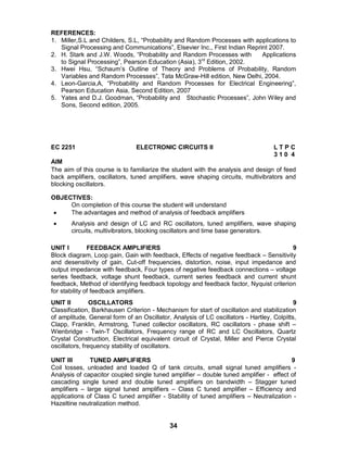 34
REFERENCES:
1. Miller,S.L and Childers, S.L, “Probability and Random Processes with applications to
Signal Processing and Communications”, Elsevier Inc., First Indian Reprint 2007.
2. H. Stark and J.W. Woods, “Probability and Random Processes with Applications
to Signal Processing”, Pearson Education (Asia), 3rd
Edition, 2002.
3. Hwei Hsu, “Schaum’s Outline of Theory and Problems of Probability, Random
Variables and Random Processes”, Tata McGraw-Hill edition, New Delhi, 2004.
4. Leon-Garcia,A, “Probability and Random Processes for Electrical Engineering”,
Pearson Education Asia, Second Edition, 2007
5. Yates and D.J. Goodman, “Probability and Stochastic Processes”, John Wiley and
Sons, Second edition, 2005.
EC 2251 ELECTRONIC CIRCUITS II L T P C
3 1 0 4
AIM
The aim of this course is to familiarize the student with the analysis and design of feed
back amplifiers, oscillators, tuned amplifiers, wave shaping circuits, multivibrators and
blocking oscillators.
OBJECTIVES:
On completion of this course the student will understand
 The advantages and method of analysis of feedback amplifiers
 Analysis and design of LC and RC oscillators, tuned amplifiers, wave shaping
circuits, multivibrators, blocking oscillators and time base generators.
UNIT I FEEDBACK AMPLIFIERS 9
Block diagram, Loop gain, Gain with feedback, Effects of negative feedback – Sensitivity
and desensitivity of gain, Cut-off frequencies, distortion, noise, input impedance and
output impedance with feedback, Four types of negative feedback connections – voltage
series feedback, voltage shunt feedback, current series feedback and current shunt
feedback, Method of identifying feedback topology and feedback factor, Nyquist criterion
for stability of feedback amplifiers.
UNIT II OSCILLATORS 9
Classification, Barkhausen Criterion - Mechanism for start of oscillation and stabilization
of amplitude, General form of an Oscillator, Analysis of LC oscillators - Hartley, Colpitts,
Clapp, Franklin, Armstrong, Tuned collector oscillators, RC oscillators - phase shift –
Wienbridge - Twin-T Oscillators, Frequency range of RC and LC Oscillators, Quartz
Crystal Construction, Electrical equivalent circuit of Crystal, Miller and Pierce Crystal
oscillators, frequency stability of oscillators.
UNIT III TUNED AMPLIFIERS 9
Coil losses, unloaded and loaded Q of tank circuits, small signal tuned amplifiers -
Analysis of capacitor coupled single tuned amplifier – double tuned amplifier - effect of
cascading single tuned and double tuned amplifiers on bandwidth – Stagger tuned
amplifiers – large signal tuned amplifiers – Class C tuned amplifier – Efficiency and
applications of Class C tuned amplifier - Stability of tuned amplifiers – Neutralization -
Hazeltine neutralization method.
 