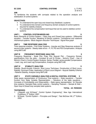 40
EC 2255 CONTROL SYSTEMS L T P C
3 0 0 3
AIM
To familiarize the students with concepts related to the operation analysis and
stabilization of control systems
OBJECTIVES
 To understand the open loop and closed loop (feedback ) systems
 To understand time domain and frequency domain analysis of control systems
required for stability analysis.
 To understand the compensation technique that can be used to stabilize control
systems
UNIT I CONTROL SYSTEM MODELING 9
Basic Elements of Control System – Open loop and Closed loop systems - Differential
equation - Transfer function, Modeling of Electric systems, Translational and rotational
mechanical systems - Block diagram reduction Techniques - Signal flow graph
UNIT II TIME RESPONSE ANALYSIS 9
Time response analysis - First Order Systems - Impulse and Step Response analysis of
second order systems - Steady state errors – P, PI, PD and PID Compensation, Analysis
using MATLAB
UNIT III FREQUENCY RESPONSE ANALYSIS 9
Frequency Response - Bode Plot, Polar Plot, Nyquist Plot - Frequency Domain
specifications from the plots - Constant M and N Circles - Nichol’s Chart - Use of
Nichol’s Chart in Control System Analysis. Series, Parallel, series-parallel Compensators
- Lead, Lag, and Lead Lag Compensators, Analysis using MATLAB.
UNIT IV STABILITY ANALYSIS 9
Stability, Routh-Hurwitz Criterion, Root Locus Technique, Construction of Root Locus,
Stability, Dominant Poles, Application of Root Locus Diagram - Nyquist Stability Criterion
- Relative Stability, Analysis using MATLAB
UNIT V STATE VARIABLE ANALYSIS & DIGITAL CONTROL SYSTEMS 9
State space representation of Continuous Time systems – State equations – Transfer
function from State Variable Representation – Solutions of the state equations -
Concepts of Controllability and Observability – State space representation for Discrete
time systems. Sampled Data control systems – Sampling Theorem – Sample & Hold –
Open loop & Closed loop sampled data systems.
TOTAL : 45 PERIODS
TEXTBOOKS:
1. J.Nagrath and M.Gopal,” Control System Engineering”, New Age International
Publishers, 5th
Edition, 2007.
2. M.Gopal, “Control System – Principles and Design”, Tata McGraw Hill, 2nd
Edition,
2002.
 