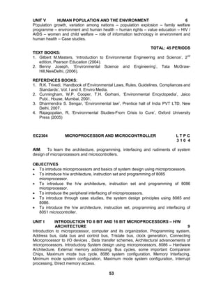 53
UNIT V HUMAN POPULATION AND THE ENVIRONMENT 6
Population growth, variation among nations – population explosion – family welfare
programme – environment and human health – human rights – value education – HIV /
AIDS – women and child welfare – role of information technology in environment and
human health – Case studies.
TOTAL: 45 PERIODS
TEXT BOOKS:
1. Gilbert M.Masters, ‘Introduction to Environmental Engineering and Science’, 2nd
edition, Pearson Education (2004).
2. Benny Joseph, ‘Environmental Science and Engineering’, Tata McGraw-
Hill,NewDelhi, (2006).
REFERENCES BOOKS:
1. R.K. Trivedi, ‘Handbook of Environmental Laws, Rules, Guidelines, Compliances and
Standards’, Vol. I and II, Enviro Media.
2. Cunningham, W.P. Cooper, T.H. Gorhani, ‘Environmental Encyclopedia’, Jaico
Publ., House, Mumbai, 2001.
3. Dharmendra S. Sengar, ‘Environmental law’, Prentice hall of India PVT LTD, New
Delhi, 2007.
4. Rajagopalan, R, ‘Environmental Studies-From Crisis to Cure’, Oxford University
Press (2005)
EC2304 MICROPROCESSOR AND MICROCONTROLLER L T P C
3 1 0 4
AIM: To learn the architecture, programming, interfacing and rudiments of system
design of microprocessors and microcontrollers.
OBJECTIVES
 To introduce microprocessors and basics of system design using microprocessors.
 To introduce h/w architecture, instruction set and programming of 8085
microprocessor.
 To introduce the h/w architecture, instruction set and programming of 8086
microprocessor.
 To introduce the peripheral interfacing of microprocessors.
 To introduce through case studies, the system design principles using 8085 and
8086.
 To introduce the h/w architecture, instruction set, programming and interfacing of
8051 microcontroller.
UNIT I INTRODUCTION TO 8 BIT AND 16 BIT MICROPROCESSORS – H/W
ARCHITECTURE 9
Introduction to microprocessor, computer and its organization, Programming system,
Address bus, data bus and control bus, Tristate bus, clock generation, Connecting
Microprocessor to I/O devices , Data transfer schemes, Architectural advancements of
microprocessors. Introductory System design using microprocessors, 8086 – Hardware
Architecture, External memory addressing, Bus cycles, some important Companion
Chips, Maximum mode bus cycle, 8086 system configuration, Memory Interfacing,
Minimum mode system configuration, Maximum mode system configuration, Interrupt
processing, Direct memory access.
 