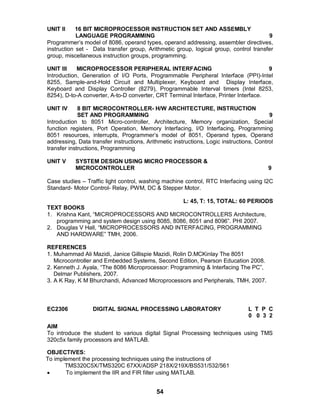 54
UNIT II 16 BIT MICROPROCESSOR INSTRUCTION SET AND ASSEMBLY
LANGUAGE PROGRAMMING 9
Programmer’s model of 8086, operand types, operand addressing, assembler directives,
instruction set - Data transfer group, Arithmetic group, logical group, control transfer
group, miscellaneous instruction groups, programming.
UNIT III MICROPROCESSOR PERIPHERAL INTERFACING 9
Introduction, Generation of I/O Ports, Programmable Peripheral Interface (PPI)-Intel
8255, Sample-and-Hold Circuit and Multiplexer, Keyboard and Display Interface,
Keyboard and Display Controller (8279), Programmable Interval timers (Intel 8253,
8254), D-to-A converter, A-to-D converter, CRT Terminal Interface, Printer Interface.
UNIT IV 8 BIT MICROCONTROLLER- H/W ARCHITECTURE, INSTRUCTION
SET AND PROGRAMMING 9
Introduction to 8051 Micro-controller, Architecture, Memory organization, Special
function registers, Port Operation, Memory Interfacing, I/O Interfacing, Programming
8051 resources, interrupts, Programmer’s model of 8051, Operand types, Operand
addressing, Data transfer instructions, Arithmetic instructions, Logic instructions, Control
transfer instructions, Programming
UNIT V SYSTEM DESIGN USING MICRO PROCESSOR &
MICROCONTROLLER 9
Case studies – Traffic light control, washing machine control, RTC Interfacing using I2C
Standard- Motor Control- Relay, PWM, DC & Stepper Motor.
L: 45, T: 15, TOTAL: 60 PERIODS
TEXT BOOKS
1. Krishna Kant, “MICROPROCESSORS AND MICROCONTROLLERS Architecture,
programming and system design using 8085, 8086, 8051 and 8096”. PHI 2007.
2. Douglas V Hall, “MICROPROCESSORS AND INTERFACING, PROGRAMMING
AND HARDWARE” TMH, 2006.
REFERENCES
1. Muhammad Ali Mazidi, Janice Gillispie Mazidi, Rolin D.MCKinlay The 8051
Microcontroller and Embedded Systems, Second Edition, Pearson Education 2008.
2. Kenneth J. Ayala, “The 8086 Microprocessor: Programming & Interfacing The PC”,
Delmar Publishers, 2007.
3. A K Ray, K M Bhurchandi, Advanced Microprocessors and Peripherals, TMH, 2007.
EC2306 DIGITAL SIGNAL PROCESSING LABORATORY L T P C
0 0 3 2
AIM
To introduce the student to various digital Signal Processing techniques using TMS
320c5x family processors and MATLAB.
OBJECTIVES:
To implement the processing techniques using the instructions of
TMS320C5X/TMS320C 67XX/ADSP 218X/219X/BS531/532/561
 To implement the IIR and FIR filter using MATLAB.
 