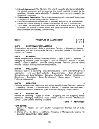 60
4. Internal Assessment: The 15 marks (the other 5 marks for attendance) allotted for
the internal assessment will be based on the record notebook compiled by the
candidate. 10 marks may be allotted for English Lab component and 5 marks for the
Career Lab component.
5. End semester Examination: The end-semester examination carries 40% weightage
for English Lab and 60% weightage for Career Lab.
6. Each candidate will have separate sets of questions assigned by the teacher using
the teacher-console enabling PC–based evaluation for the 40% of marks allotted.
7. The Career Lab component will be evaluated for a maximum of 60% by a local
examiner & an external examiner drafted from other Institutions, similar to any other
lab examination conducted by Anna University.
MG2351 PRINCIPLES OF MANAGEMENT L T P C
3 0 0 3
UNIT I OVERVIEW OF MANAGEMENT 9
Organization - Management - Role of managers - Evolution of Management thought -
Organization and the environmental factors - Managing globally - Strategies for
International Business.
UNIT II PLANNING 9
Nature and purpose of planning - Planning process - Types of plans – Objectives - -
Managing by objective (MBO) Strategies - Types of strategies - Policies - Decision
Making - Types of decision - Decision Making Process - Rational Decision Making
Process - Decision Making under different conditions.
UNIT III ORGANIZING 9
Nature and purpose of organizing - Organization structure - Formal and informal groups I
organization - Line and Staff authority - Departmentation - Span of control -
Centralization and Decentralization - Delegation of authority - Staffing - Selection and
Recruitment - Orientation - Career Development - Career stages – Training - -
Performance Appraisal.
UNIT IV DIRECTING 9
Creativity and Innovation - Motivation and Satisfaction - Motivation Theories Leadership
- Leadership theories - Communication - Hurdles to effective communication -
Organization Culture - Elements and types of culture - Managing cultural diversity.
UNIT V CONTROLLING 9
Process of controlling - Types of control - Budgetary and non-budgetary control
techniques - Managing Productivity - Cost Control - Purchase Control - Maintenance
Control - Quality Control - Planning operations.
TOTAL = 45 PERIODS
TEXT BOOKS:
1. Stephen P. Robbins and Mary Coulter, 'Management', Prentice Hall of India,
8th edition.
2. Charles W L Hill, Steven L McShane, 'Principles of Management', Mcgraw Hill
Education, Special Indian Edition, 2007.
 