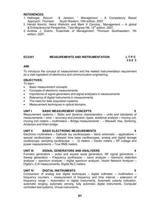 61
REFERENCES:
1. Hellriegel, Slocum & Jackson, ' Management - A Competency Based
Approach', Thomson South Western, 10th edition, 2007.
2. Harold Koontz, Heinz Weihrich and Mark V Cannice, ‘Management – A global
& Entrepreneurial Perspective’, Tata Mcgraw Hill, 12th
edition, 2007.
3. Andrew J. Dubrin, 'Essentials of Management', Thomson Southwestern, 7th
edition, 2007.
EC2351 MEASUREMENTS AND INSTRUMENTATION L T P C
3 0 0 3
AIM:
To introduce the concept of measurement and the related instrumentation requirement
as a vital ingredient of electronics and communication engineering.
OBJECTIVES:
To learn
 Basic measurement concepts
 Concepts of electronic measurements
 Importance of signal generators and signal analysers in measurements
 Relevance of digital instruments in measurements
 The need for data acquisition systems
 Measurement techniques in optical domains.
UNIT I BASIC MEASUREMENT CONCEPTS 9
Measurement systems – Static and dynamic characteristics – units and standards of
measurements – error :- accuracy and precision, types, statistical analysis – moving coil,
moving iron meters – multimeters – Bridge measurements : – Maxwell, Hay, Schering,
Anderson and Wien bridge.
UNIT II BASIC ELECTRONIC MEASUREMENTS 9
Electronic multimeters – Cathode ray oscilloscopes – block schematic – applications –
special oscilloscopes :– delayed time base oscilloscopes, analog and digital storage
oscilloscope, sampling oscilloscope – Q meters – Vector meters – RF voltage and
power measurements – True RMS meters.
UNIT III SIGNAL GENERATORS AND ANALYZERS 9
Function generators – pulse and square wave generators, RF signal generators –
Sweep generators – Frequency synthesizer – wave analyzer – Harmonic distortion
analyzer – spectrum analyzer :- digital spectrum analyzer, Vector Network Analyzer –
Digital L,C,R measurements, Digital RLC meters.
UNIT IV DIGITAL INSTRUMENTS 9
Comparison of analog and digital techniques – digital voltmeter – multimeters –
frequency counters – measurement of frequency and time interval – extension of
frequency range – Automation in digital instruments, Automatic polarity indication,
automatic ranging, automatic zeroing, fully automatic digital instruments, Computer
controlled test systems, Virtual instruments.
 