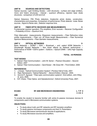 69
UNIT III SOURCES AND DETECTORS 9
Optical sources: Light Emitting Diodes - LED structures - surface and edge emitters,
mono and hetero structures - internal - quantum efficiency, injection laser diode
structures - comparison of LED and ILD
Optical Detectors: PIN Photo detectors, Avalanche photo diodes, construction,
characteristics and properties, Comparison of performance, Photo detector noise -Noise
sources , Signal to Noise ratio , Detector response time.
UNIT IV FIBER OPTIC RECEIVER AND MEASUREMENTS 9
Fundamental receiver operation, Pre amplifiers, Error sources – Receiver Configuration
– Probability of Error – Quantum limit.
Fiber Attenuation measurements- Dispersion measurements – Fiber Refractive index
profile measurements – Fiber cut- off Wave length Measurements – Fiber Numerical
Aperture Measurements – Fiber diameter measurements.
UNIT V OPTICAL NETWORKS 9
Basic Networks – SONET / SDH – Broadcast – and –select WDM Networks –
Wavelength Routed Networks – Non linear effects on Network performance –
Performance of WDM + EDFA system – Solitons – Optical CDMA – Ultra High Capacity
Networks.
TOTAL : 45 PERIODS
TEXT BOOKS
1. Optical Fiber Communication – John M. Senior – Pearson Education – Second
Edition. 2007
2. Optical Fiber Communication – Gerd Keiser – Mc Graw Hill – Third Edition. 2000
REFERENCES
1. J.Gower, “Optical Communication System”, Prentice Hall of India, 2001
2. Rajiv Ramaswami, “Optical Networks “ , Second Edition, Elsevier , 2004.
3. Govind P. Agrawal, “ Fiber-optic communication systems”, third edition, John Wiley
& sons, 2004.
4. R.P. Khare, “Fiber Optics and Optoelectronics”, Oxford University Press, 2007.
EC2403 RF AND MICROWAVE ENGINEERING L T P C
3 0 0 3
AIM:
To enable the student to become familiar with active & passive microwave devices &
components used in Microwave communication systems.
OBJECTIVES:
 To study about multi- port RF networks and RF transistor amplifiers
 To study passive microwave components and their S- Parameters.
 To study Microwave semiconductor devices & applications.
 To study Microwave sources and amplifiers.
 