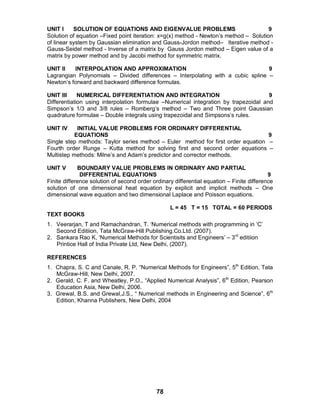 78
UNIT I SOLUTION OF EQUATIONS AND EIGENVALUE PROBLEMS 9
Solution of equation –Fixed point iteration: x=g(x) method - Newton’s method – Solution
of linear system by Gaussian elimination and Gauss-Jordon method– Iterative method -
Gauss-Seidel method - Inverse of a matrix by Gauss Jordon method – Eigen value of a
matrix by power method and by Jacobi method for symmetric matrix.
UNIT II INTERPOLATION AND APPROXIMATION 9
Lagrangian Polynomials – Divided differences – Interpolating with a cubic spline –
Newton’s forward and backward difference formulas.
UNIT III NUMERICAL DIFFERENTIATION AND INTEGRATION 9
Differentiation using interpolation formulae –Numerical integration by trapezoidal and
Simpson’s 1/3 and 3/8 rules – Romberg’s method – Two and Three point Gaussian
quadrature formulae – Double integrals using trapezoidal and Simpsons’s rules.
UNIT IV INITIAL VALUE PROBLEMS FOR ORDINARY DIFFERENTIAL
EQUATIONS 9
Single step methods: Taylor series method – Euler method for first order equation –
Fourth order Runge – Kutta method for solving first and second order equations –
Multistep methods: Milne’s and Adam’s predictor and corrector methods.
UNIT V BOUNDARY VALUE PROBLEMS IN ORDINARY AND PARTIAL
DIFFERENTIAL EQUATIONS 9
Finite difference solution of second order ordinary differential equation – Finite difference
solution of one dimensional heat equation by explicit and implicit methods – One
dimensional wave equation and two dimensional Laplace and Poisson equations.
L = 45 T = 15 TOTAL = 60 PERIODS
TEXT BOOKS
1. Veerarjan, T and Ramachandran, T. ‘Numerical methods with programming in ‘C’
Second Editiion, Tata McGraw-Hill Publishing.Co.Ltd. (2007).
2. Sankara Rao K, ‘Numerical Methods for Scientisits and Engineers’ – 3rd
editiion
Printice Hall of India Private Ltd, New Delhi, (2007).
REFERENCES
1. Chapra, S. C and Canale, R. P. “Numerical Methods for Engineers”, 5th
Edition, Tata
McGraw-Hill, New Delhi, 2007.
2. Gerald, C. F. and Wheatley, P.O., “Applied Numerical Analysis”, 6th
Edition, Pearson
Education Asia, New Delhi, 2006.
3. Grewal, B.S. and Grewal,J.S., “ Numerical methods in Engineering and Science”, 6th
Edition, Khanna Publishers, New Delhi, 2004
 
