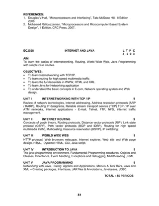 81
REFERENCES:
1. Douglas V.Hall, “Microprocessors and Interfacing”, Tata McGraw Hill, II Edition
2006
2. Mohamed Rafiquzzaman, “Microprocessors and Microcomputer Based System
Design”, II Edition, CRC Press, 2007.
EC2028 INTERNET AND JAVA L T P C
3 0 0 3
AIM
To learn the basics of Internetworking, Routing, World Wide Web, Java Programming
with simple case studies.
OBJECTIVES:
 To learn Internetworking with TCP/IP.
 To learn routing for high speed multimedia traffic
 To learn the fundamentals in WWW, HTML and XML.
 To learn Java for Networking application
 To understand the basic concepts in E-com, Network operating system and Web
design.
UNIT I INTERNETWORKING WITH TCP / IP 9
Review of network technologies, Internet addressing, Address resolution protocols (ARP
/ RARP), Routing IP datagrams, Reliable stream transport service (TCP) TCP / IP over
ATM networks, Internet applications - E-mail, Telnet, FTP, NFS, Internet traffic
management.
UNIT II INTERNET ROUTING 9
Concepts of graph theory, Routing protocols, Distance vector protocols (RIP), Link state
protocol (OSPP), Path vector protocols (BGP and IDRP), Routing for high speed
multimedia traffic, Multicasting, Resource reservation (RSVP), IP switching.
UNIT III WORLD WIDE WEB 9
HTTP protocol, Web browsers netscape, Internet explorer, Web site and Web page
design, HTML, Dynamic HTML, CGI, Java script.
UNIT IV INTRODUCTION TO JAVA 9
The java programming environment, Fundamental Programming structures, Objects and
Classes, Inheritance, Event handling, Exceptions and Debugging, Multithreading , RMI.
UNIT V JAVA PROGRAMMING 9
Networking with Java, Swing: Applets and Applications, Menu’s & Tool Bars, Java and
XML – Creating packages, Interfaces, JAR files & Annotations, Javabeans, JDBC.
TOTAL : 45 PERIODS
 