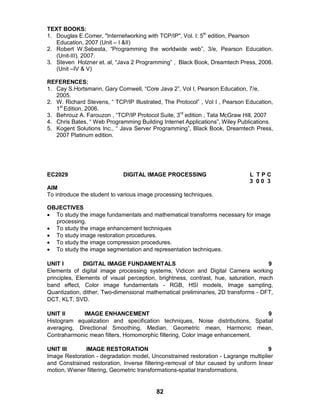 82
TEXT BOOKS:
1. Douglas E.Comer, "Internetworking with TCP/IP", Vol. I: 5th
edition, Pearson
Education, 2007 (Unit – I &II)
2. Robert W.Sebesta, “Programming the worldwide web”, 3/e, Pearson Education.
(Unit-III), 2007.
3. Steven Holzner et. al, “Java 2 Programming” , Black Book, Dreamtech Press, 2006.
(Unit –IV & V)
REFERENCES:
1. Cay S.Hortsmann, Gary Cornwell, “Core Java 2”, Vol I, Pearson Education, 7/e,
2005.
2. W. Richard Stevens, “ TCP/IP Illustrated, The Protocol” , Vol I , Pearson Education,
1st
Edition, 2006.
3. Behrouz A. Farouzon , “TCP/IP Protocol Suite, 3rd
edition , Tata McGraw Hill, 2007
4. Chris Bates, “ Web Programming Building Internet Applications”, Wiley Publications.
5. Kogent Solutions Inc., “ Java Server Programming”, Black Book, Dreamtech Press,
2007 Platinum edition.
EC2029 DIGITAL IMAGE PROCESSING L T P C
3 0 0 3
AIM
To introduce the student to various image processing techniques.
OBJECTIVES
 To study the image fundamentals and mathematical transforms necessary for image
processing.
 To study the image enhancement techniques
 To study image restoration procedures.
 To study the image compression procedures.
 To study the image segmentation and representation techniques.
UNIT I DIGITAL IMAGE FUNDAMENTALS 9
Elements of digital image processing systems, Vidicon and Digital Camera working
principles, Elements of visual perception, brightness, contrast, hue, saturation, mach
band effect, Color image fundamentals - RGB, HSI models, Image sampling,
Quantization, dither, Two-dimensional mathematical preliminaries, 2D transforms - DFT,
DCT, KLT, SVD.
UNIT II IMAGE ENHANCEMENT 9
Histogram equalization and specification techniques, Noise distributions, Spatial
averaging, Directional Smoothing, Median, Geometric mean, Harmonic mean,
Contraharmonic mean filters, Homomorphic filtering, Color image enhancement.
UNIT III IMAGE RESTORATION 9
Image Restoration - degradation model, Unconstrained restoration - Lagrange multiplier
and Constrained restoration, Inverse filtering-removal of blur caused by uniform linear
motion, Wiener filtering, Geometric transformations-spatial transformations.
 