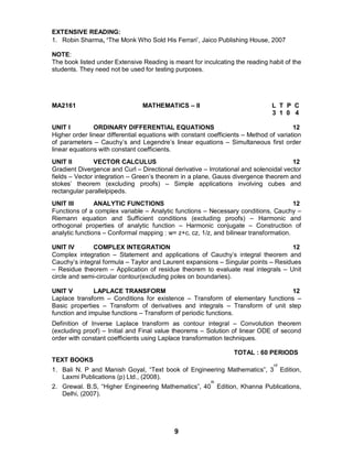 9
EXTENSIVE READING:
1. Robin Sharma, ‘The Monk Who Sold His Ferrari’, Jaico Publishing House, 2007
NOTE:
The book listed under Extensive Reading is meant for inculcating the reading habit of the
students. They need not be used for testing purposes.
MA2161 MATHEMATICS – II L T P C
3 1 0 4
UNIT I ORDINARY DIFFERENTIAL EQUATIONS 12
Higher order linear differential equations with constant coefficients – Method of variation
of parameters – Cauchy’s and Legendre’s linear equations – Simultaneous first order
linear equations with constant coefficients.
UNIT II VECTOR CALCULUS 12
Gradient Divergence and Curl – Directional derivative – Irrotational and solenoidal vector
fields – Vector integration – Green’s theorem in a plane, Gauss divergence theorem and
stokes’ theorem (excluding proofs) – Simple applications involving cubes and
rectangular parallelpipeds.
UNIT III ANALYTIC FUNCTIONS 12
Functions of a complex variable – Analytic functions – Necessary conditions, Cauchy –
Riemann equation and Sufficient conditions (excluding proofs) – Harmonic and
orthogonal properties of analytic function – Harmonic conjugate – Construction of
analytic functions – Conformal mapping : w= z+c, cz, 1/z, and bilinear transformation.
UNIT IV COMPLEX INTEGRATION 12
Complex integration – Statement and applications of Cauchy’s integral theorem and
Cauchy’s integral formula – Taylor and Laurent expansions – Singular points – Residues
– Residue theorem – Application of residue theorem to evaluate real integrals – Unit
circle and semi-circular contour(excluding poles on boundaries).
UNIT V LAPLACE TRANSFORM 12
Laplace transform – Conditions for existence – Transform of elementary functions –
Basic properties – Transform of derivatives and integrals – Transform of unit step
function and impulse functions – Transform of periodic functions.
Definition of Inverse Laplace transform as contour integral – Convolution theorem
(excluding proof) – Initial and Final value theorems – Solution of linear ODE of second
order with constant coefficients using Laplace transformation techniques.
TOTAL : 60 PERIODS
TEXT BOOKS
1. Bali N. P and Manish Goyal, “Text book of Engineering Mathematics”, 3
rd
Edition,
Laxmi Publications (p) Ltd., (2008).
2. Grewal. B.S, “Higher Engineering Mathematics”, 40
th
Edition, Khanna Publications,
Delhi, (2007).
 