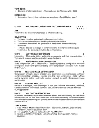 94
TEXT BOOK:
1. Elements of Information theory – Thomas Cover, Joy Thomas : Wiley 1999
REFERENCE:
1. Information theory, inference & learning algorithms – David Mackay year?
EC2037 MULTIMEDIA COMPRESSION AND COMMUNICATION L T P C
3 0 0 3
AIM
To introduce the fundamental concepts of information theory.
OBJECTIVES
 To have a complete understanding of error–control coding.
 To understand encoding and decoding of digital data streams.
 To introduce methods for the generation of these codes and their decoding
techniques.
 To have a detailed knowledge of compression and decompression techniques.
 To introduce the concepts of multimedia communication.
UNIT I MULTIMEDIA COMPONENTS 9
Introduction - Multimedia skills - Multimedia components and their chacracteristics -
Text, sound, images, graphics, animation, video, hardware.
UNIT II AUDIO AND VIDEO COMPRESSION 9
Audio compression–DPCM-Adaptive PCM –adaptive predictive coding-linear Predictive
coding-code excited LPC-perpetual coding Video compression –principles-H.261-H.263-
MPEG 1, 2, 4.
UNIT III TEXT AND IMAGE COMPRESSION 9
Compression principles-source encoders and destination encoders-lossless and lossy
compression-entropy encoding –source encoding -text compression –static Huffman
coding dynamic coding –arithmetic coding –Lempel ziv-welsh Compression-image
compression
UNIT IV VOIP TECHNOLOGY 9
Basics of IP transport, VoIP challenges, H.323/ SIP –Network Architecture, Protocols,
Call establishment and release, VoIP and SS7, Quality of Service- CODEC Methods-
VOIP applicability
UNIT V MULTIMEDIA NETWORKING 9
Multimedia networking -Applications-streamed stored and audio-making the best Effort
service-protocols for real time interactive Applications-distributing multimedia-beyond
best effort service-secluding and policing Mechanisms-integrated services-differentiated
Services-RSVP.
TEXT BOOKS:
1. Fred HAlshall “Multimedia communication - applications, networks, protocols and
standards”, Pearson education, 2007.
2. Tay Vaughan, “Multideai: making it work”, 7/e, TMH 2007
3. Kurose and W.Ross” Computer Networking “a Top down approach, Pearson
education.
 