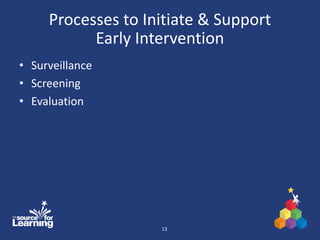 Processes to Initiate & Support
Early Intervention
• Surveillance
• Screening
• Evaluation
13
 