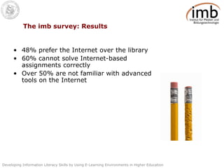 The imb survey: Results 48% prefer the Internet over the library 60% cannot solve Internet-based assignments correctly Over 50% are not familiar with advanced tools on the Internet  