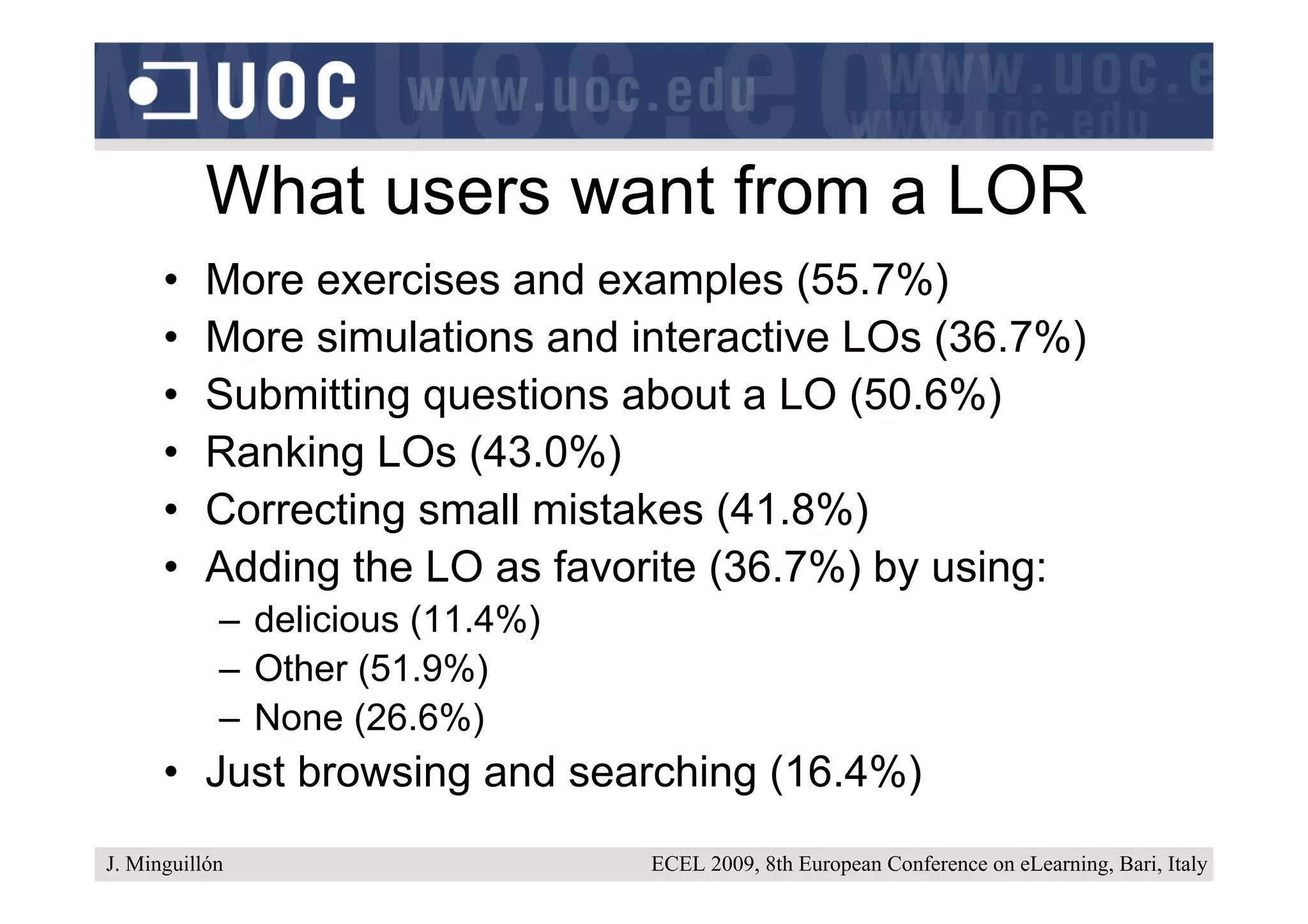 What users want from a LOR
      •    More exercises and examples (55.7%)
      •    More simulations and interactive LOs (36.7%)
      •    Submitting questions about a LO (50.6%)
      •    Ranking LOs (43.0%)
      •    Correcting small mistakes (41.8%)
      •    Adding the LO as favorite (36.7%) by using:
            – delicious (11.4%)
            – Other (51.9%)
            – None (26.6%)
      • Just browsing and searching (16.4%)
J. Minguillón                     ECEL 2009, 8th European Conference on eLearning, Bari, Italy
 