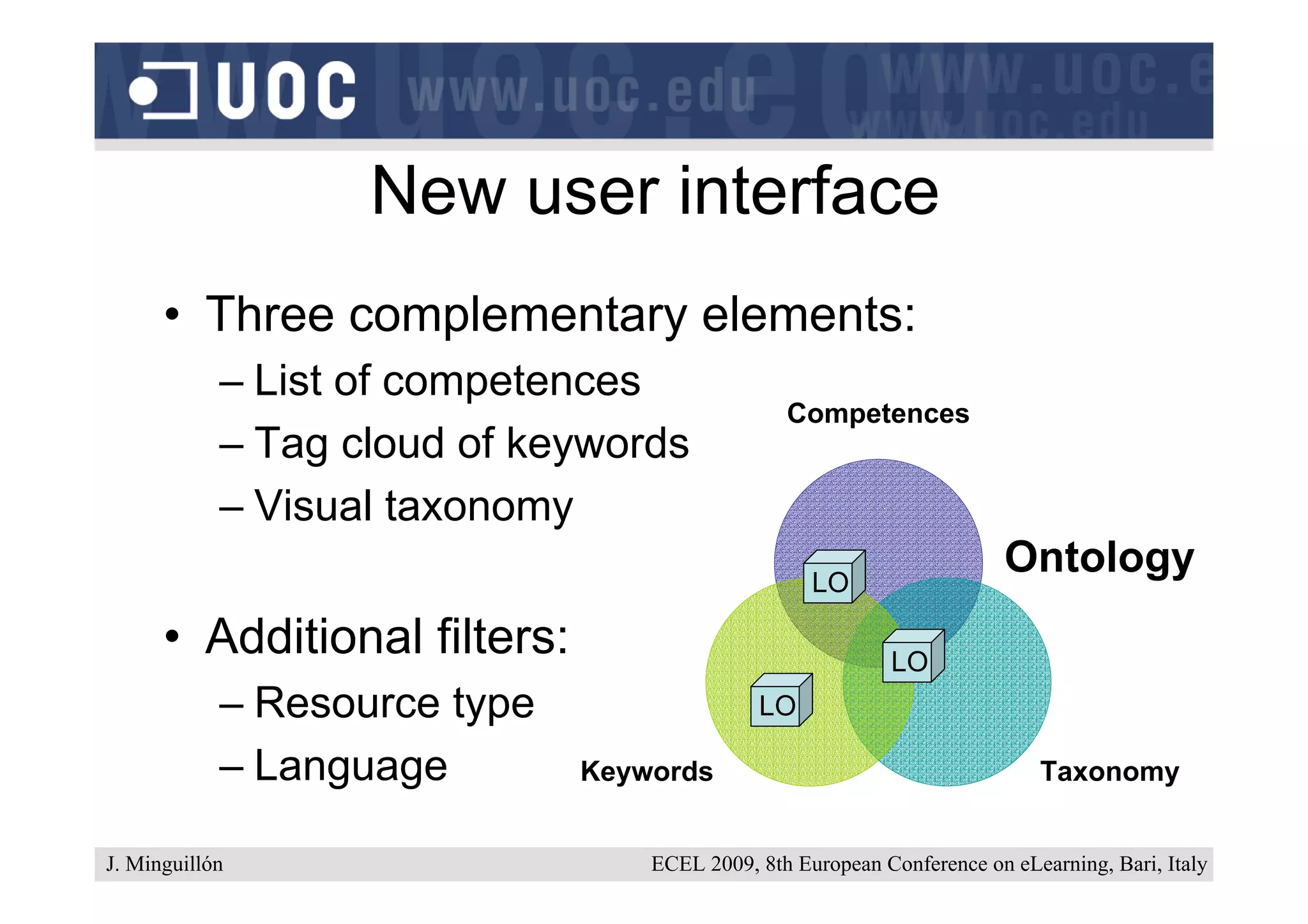 New user interface
      • Three complementary elements:
            – List of competences
                                                Competences
            – Tag cloud of keywords
            – Visual taxonomy
                                                   LO
                                                                        Ontology
      • Additional filters:                                LO
            – Resource type                  LO

            – Language        Keywords                                     Taxonomy


J. Minguillón                     ECEL 2009, 8th European Conference on eLearning, Bari, Italy
 