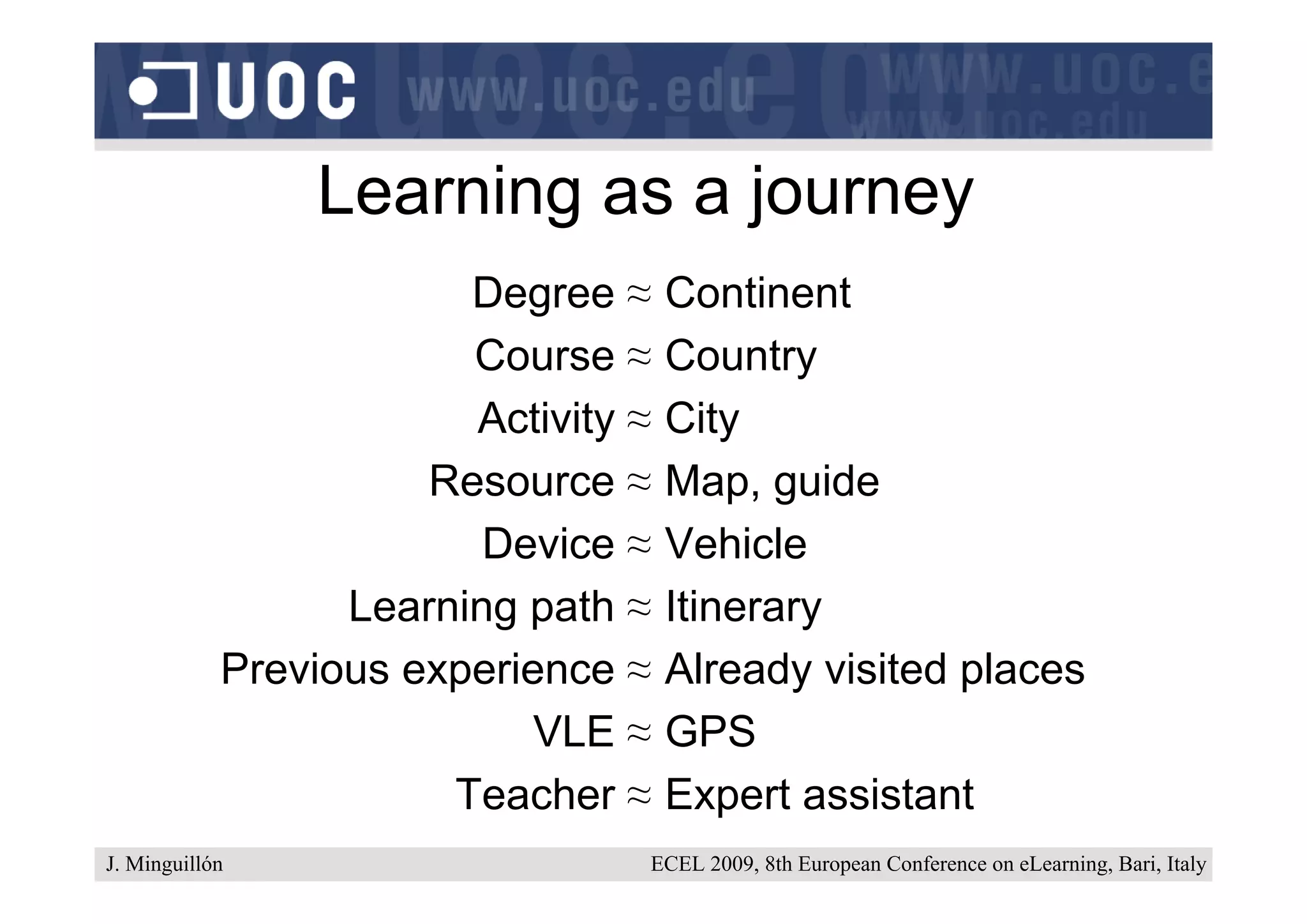 Learning as a journey
                        Degree ≈     Continent
                        Course ≈     Country
                        Activity ≈   City
                      Resource ≈     Map, guide
                         Device ≈    Vehicle
                  Learning path ≈    Itinerary
            Previous experience ≈    Already visited places
                            VLE ≈    GPS
                       Teacher ≈     Expert assistant
J. Minguillón                    ECEL 2009, 8th European Conference on eLearning, Bari, Italy
 